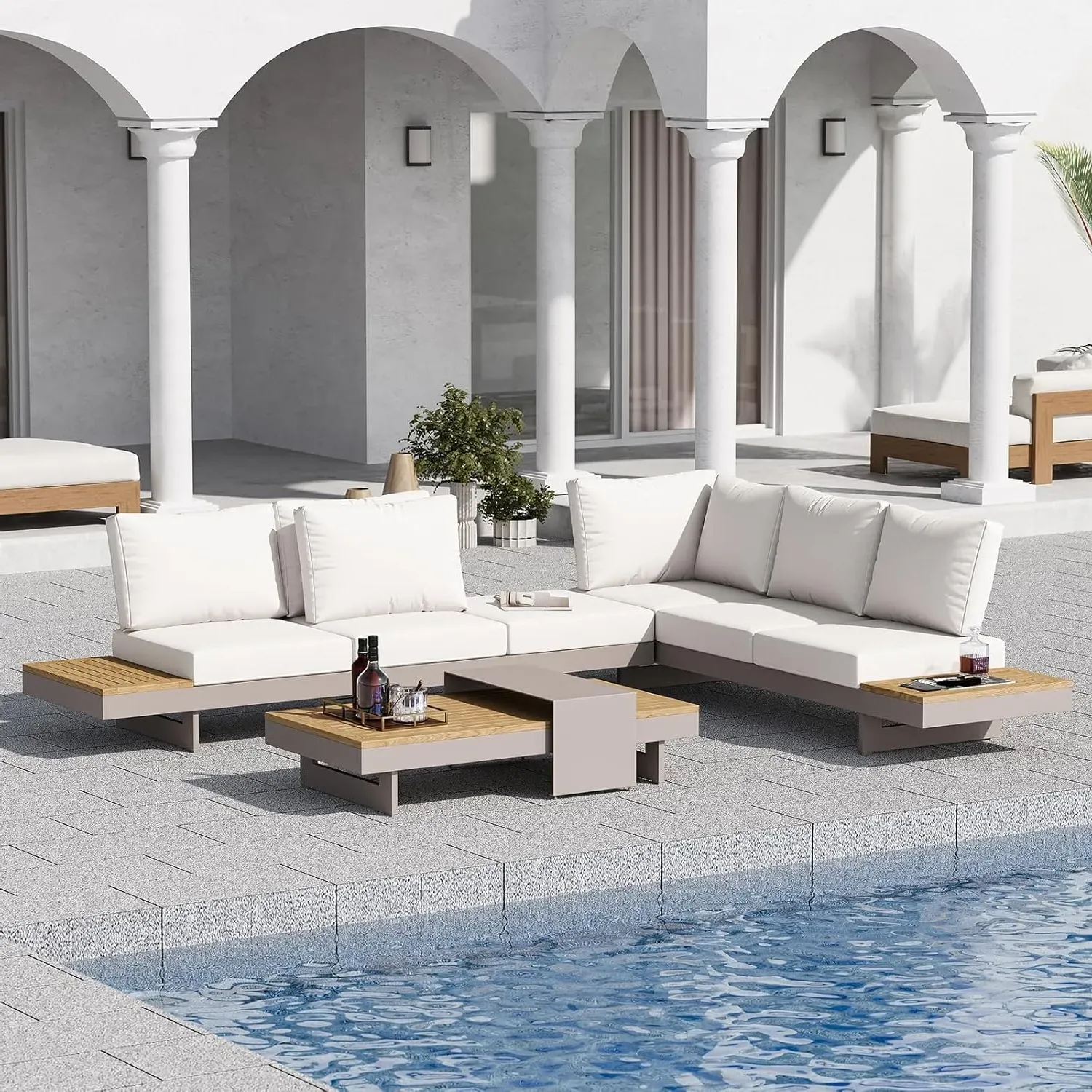 Axis L-Shaped Outdoor Sectional Sofa Set - Light Gray, Teak