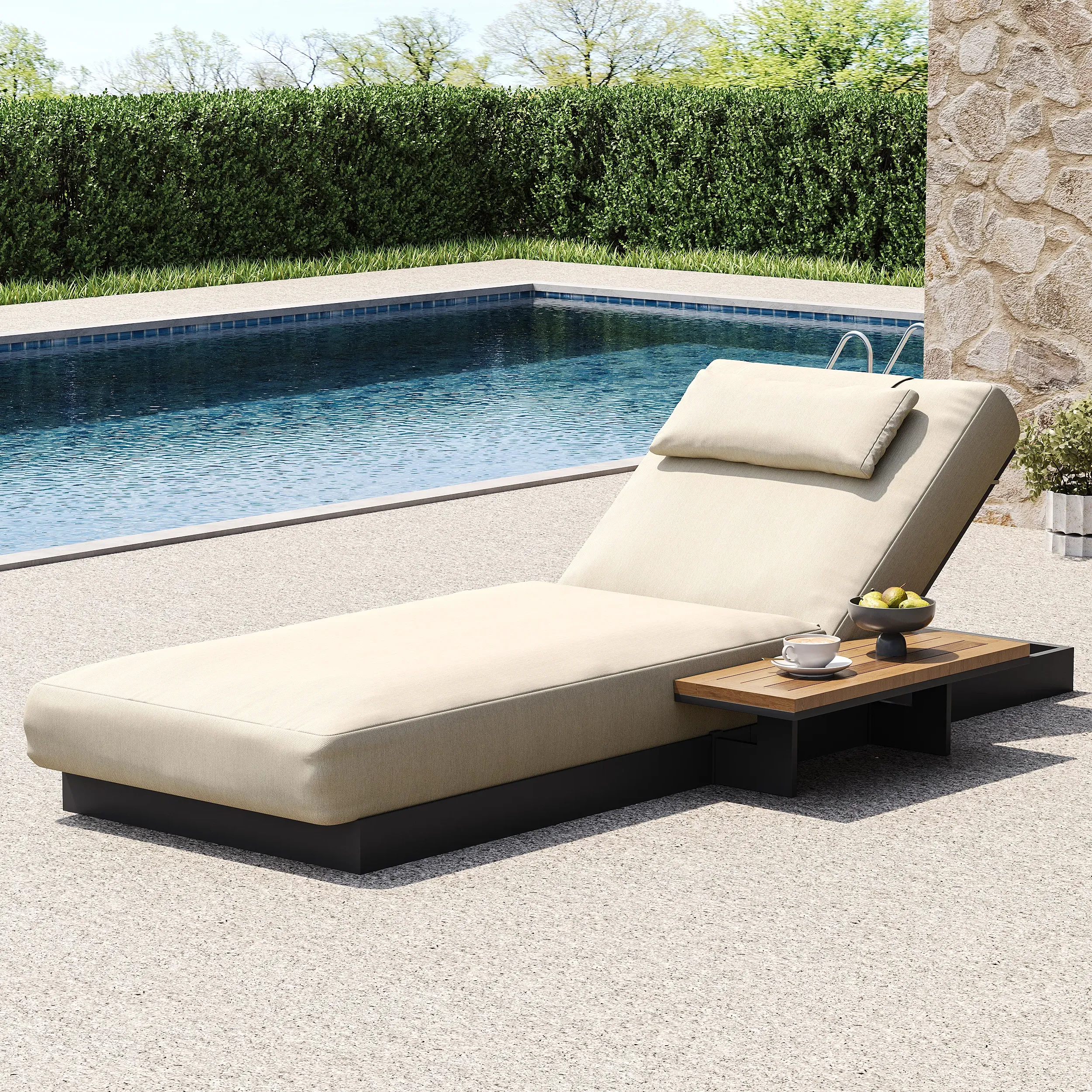 Axis Outdoor Lounger Daybed with Side Table - Beige, Teak image