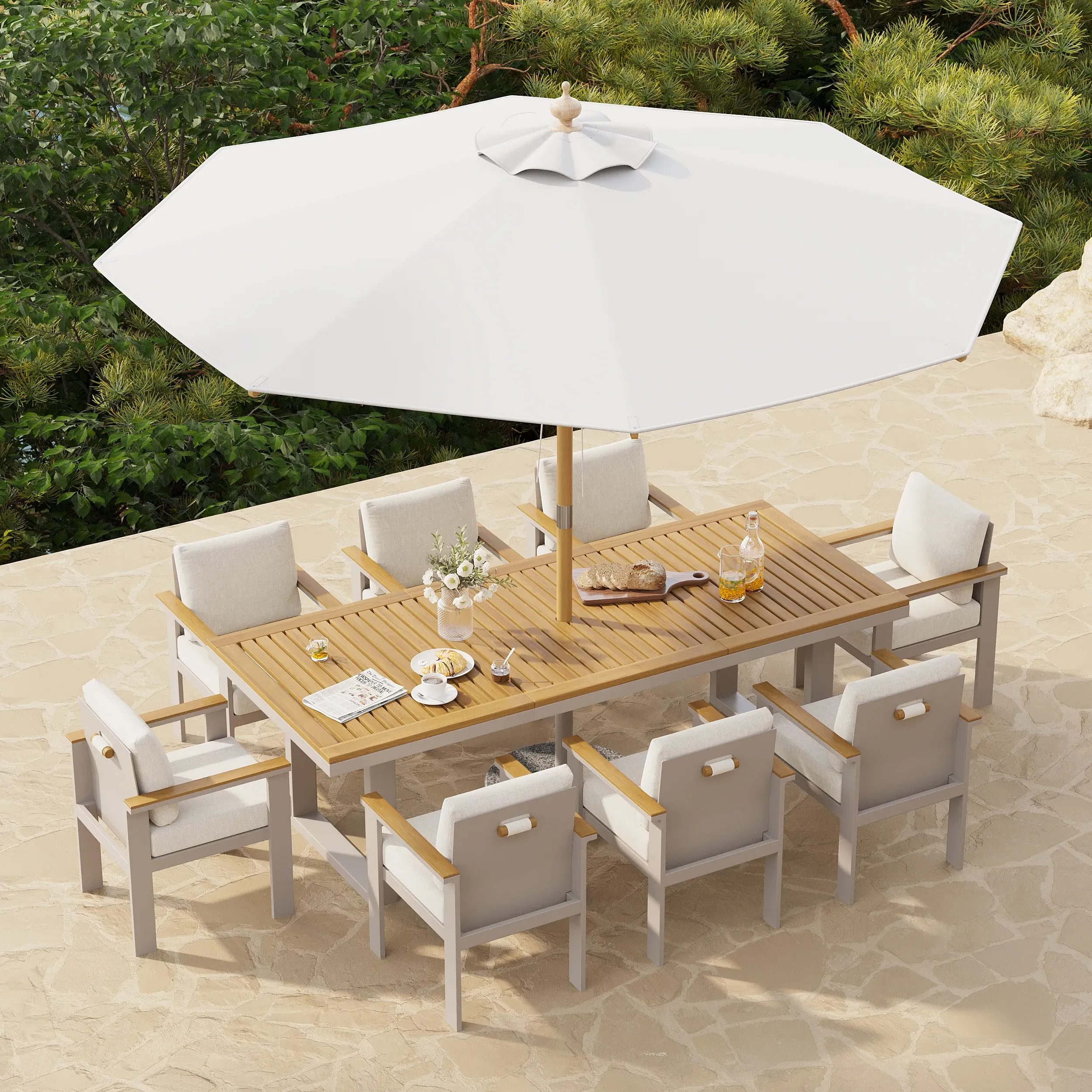Axis Rectangle Outdoor Dining Set with Umbrella - Teak, Aluminum