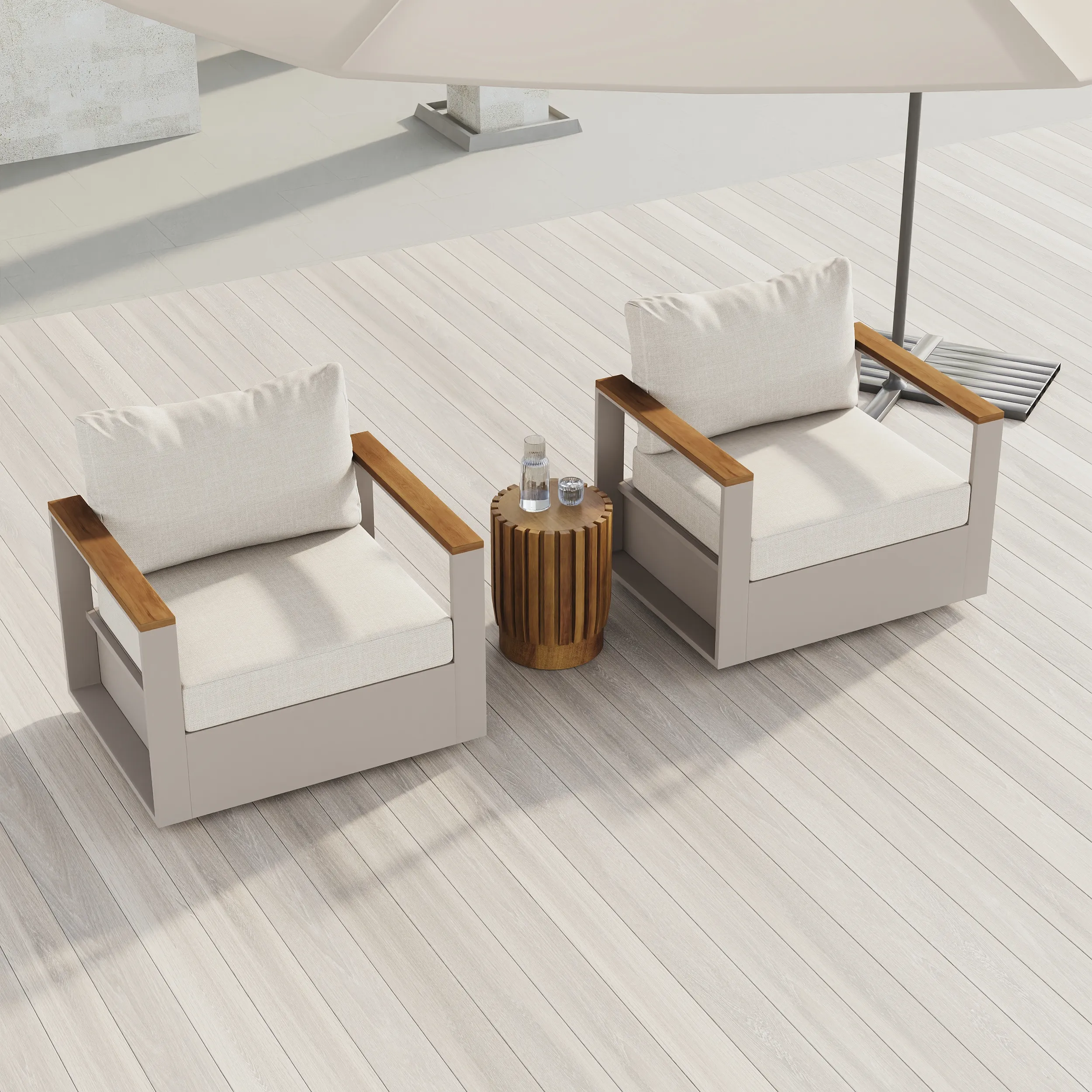 Axis Swivel Outdoor Chair Set with Cushions - White, Teak