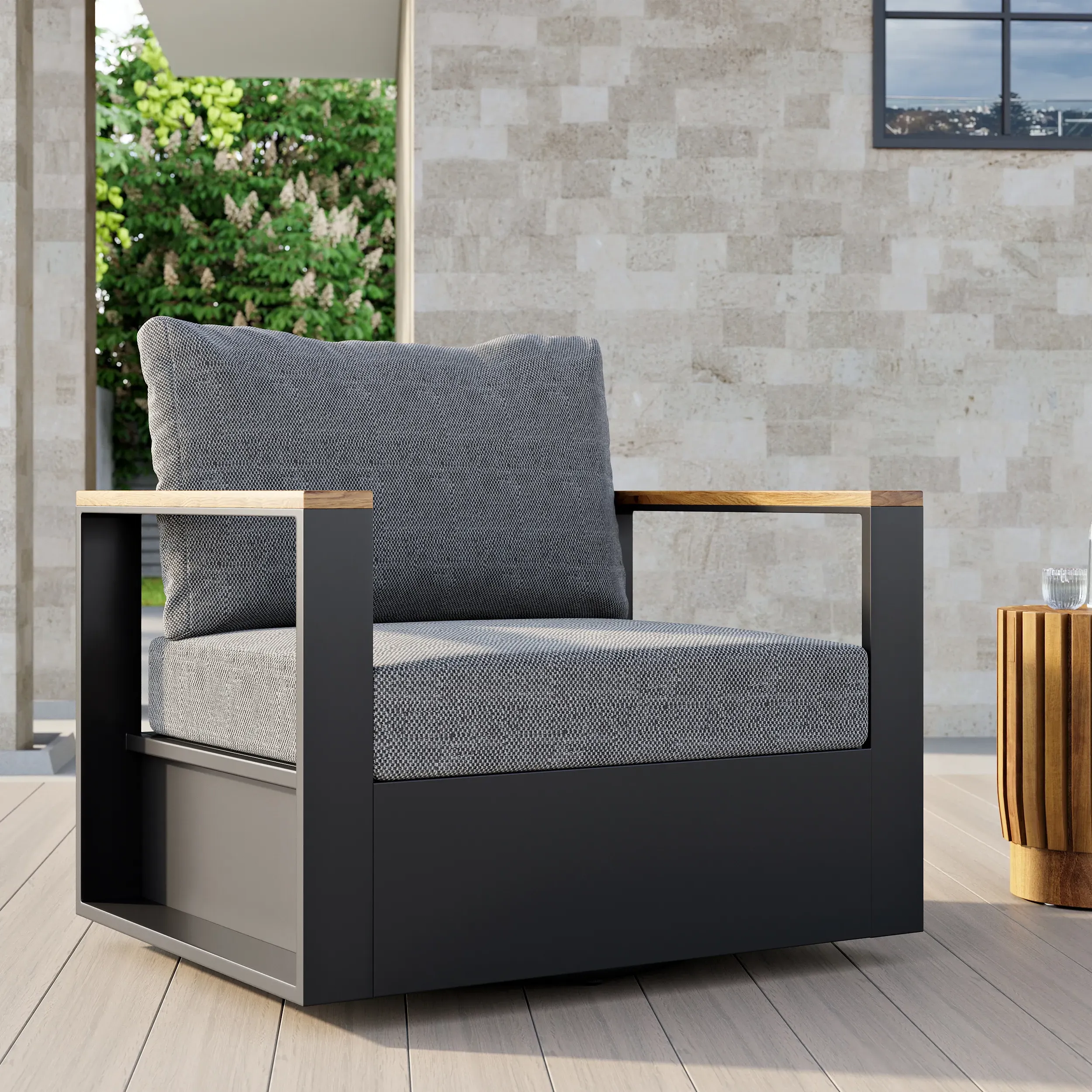 Axis Swivel Outdoor Chair with Cushion - Gray, Teak