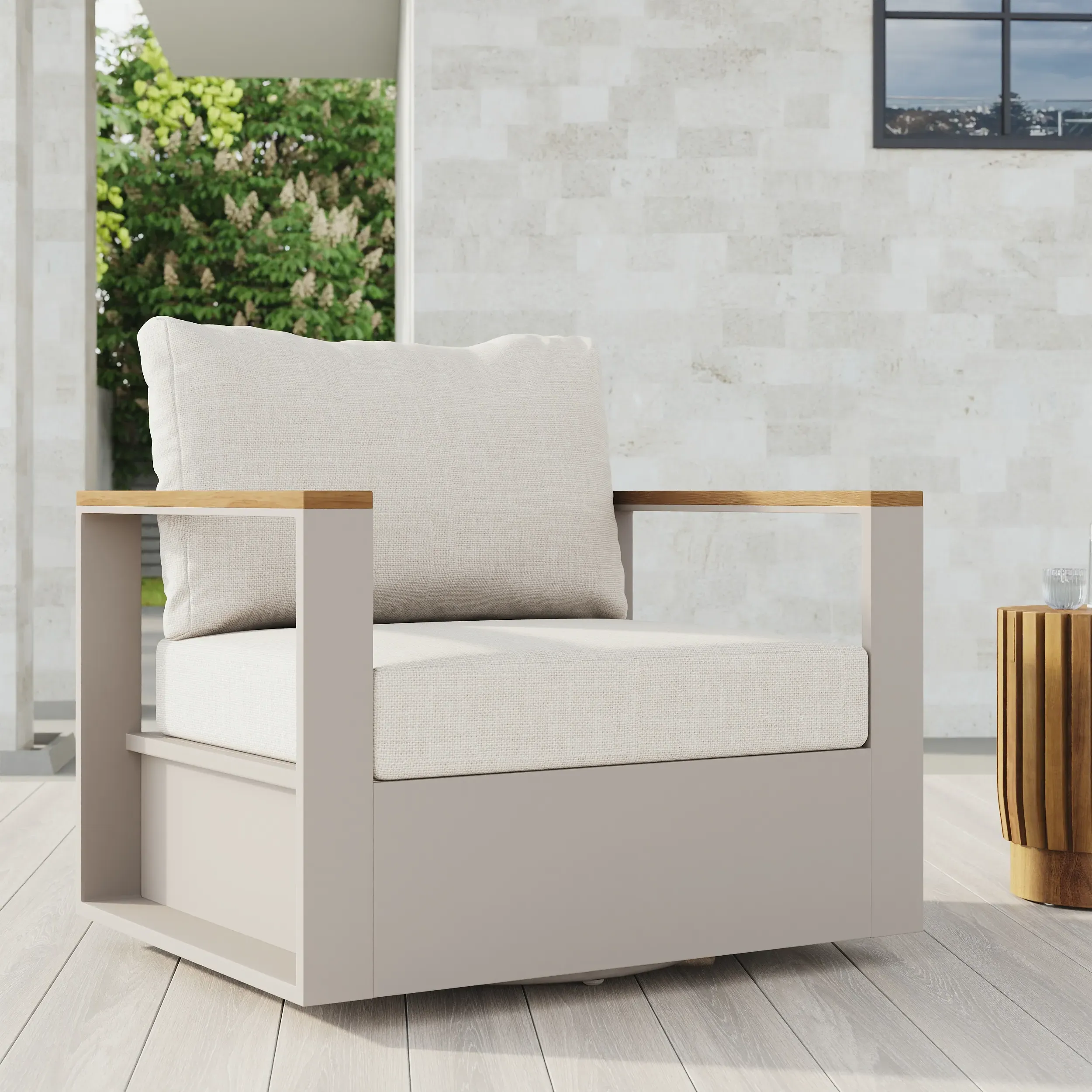 Axis Swivel Outdoor Chair with Cushion - White, Teak