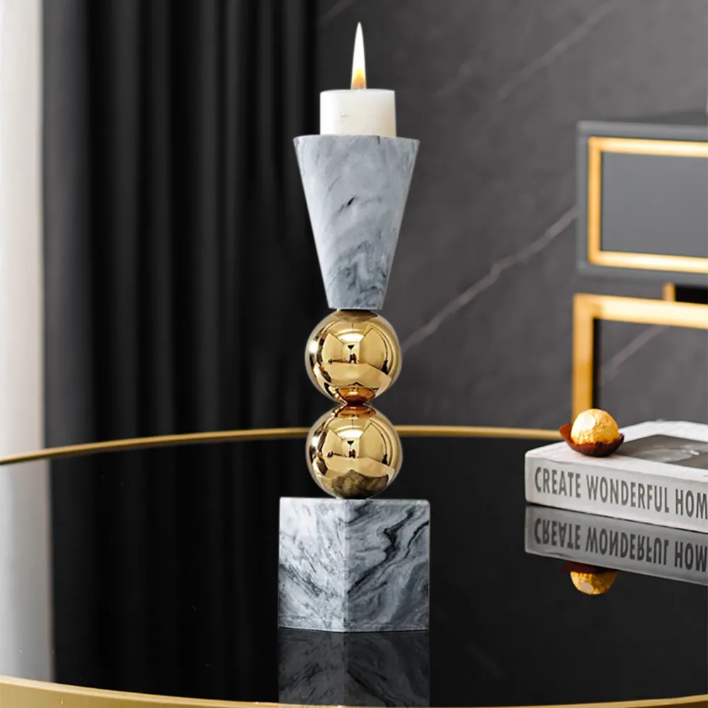 Ball Pillar Candle Holder - Grey, Marble image