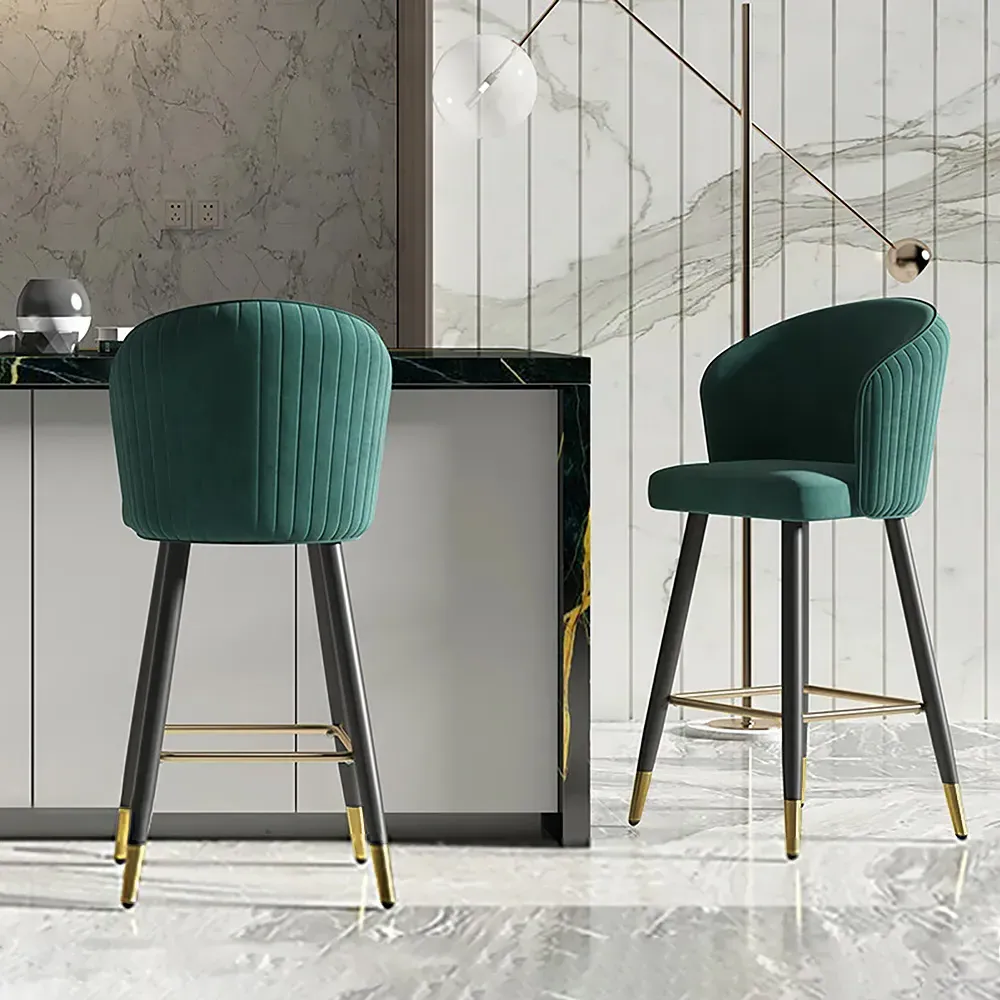 Bar Height Bar Stool with Footrest - Green, Velvet
