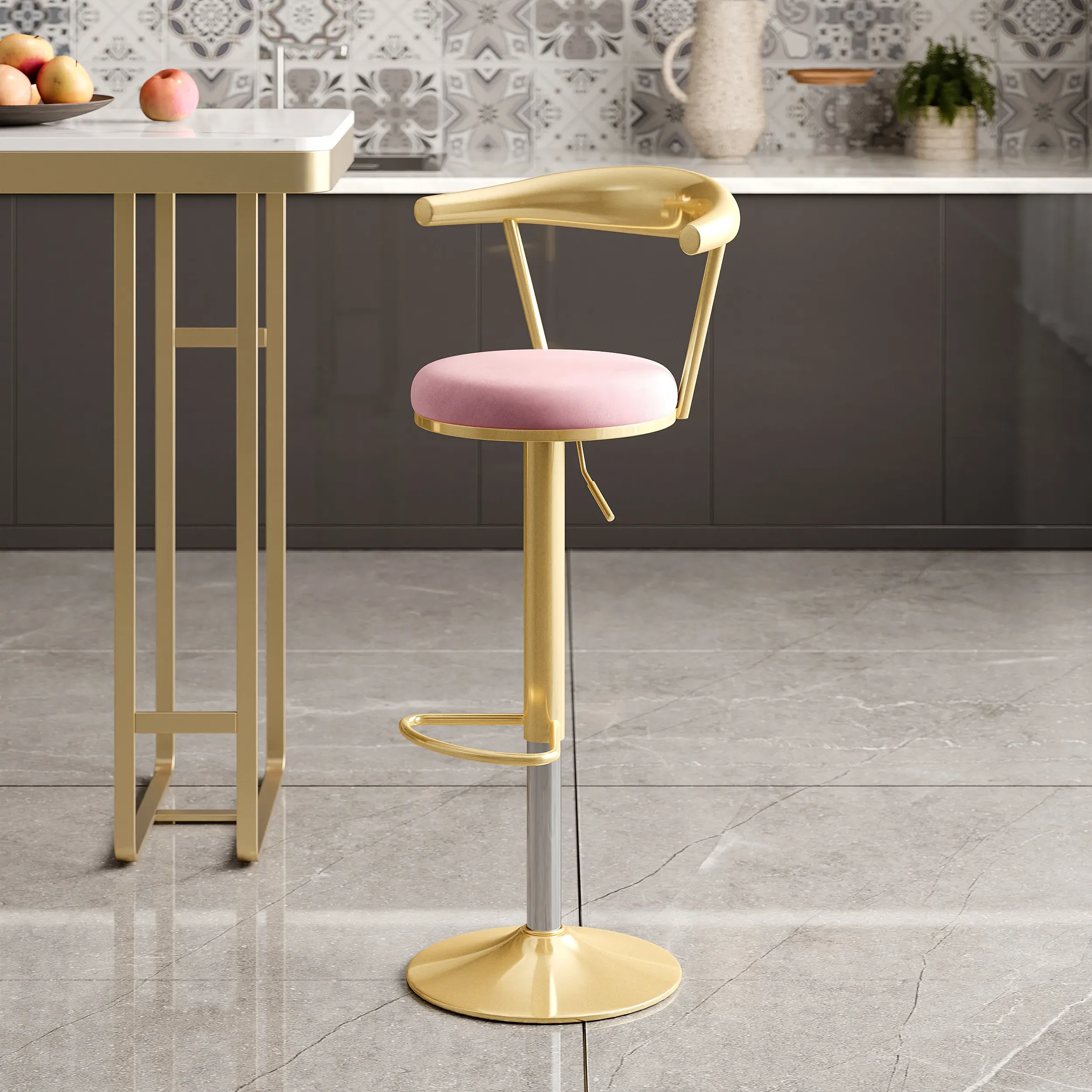 Bar Stool with Backrest & Footrest 6-Pieces - Pink, Velvet