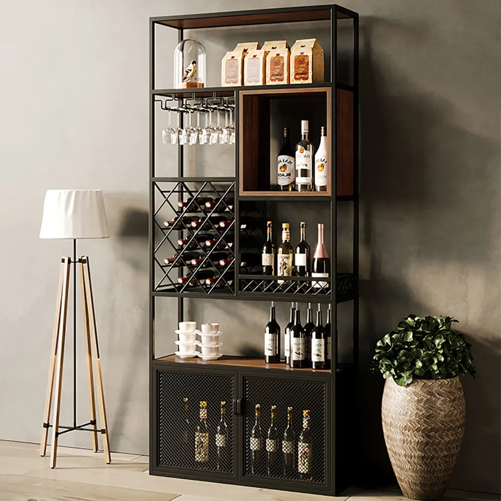 Bar Wine Rack Cabinet with Glass Holder and Storage - Black, Wood image