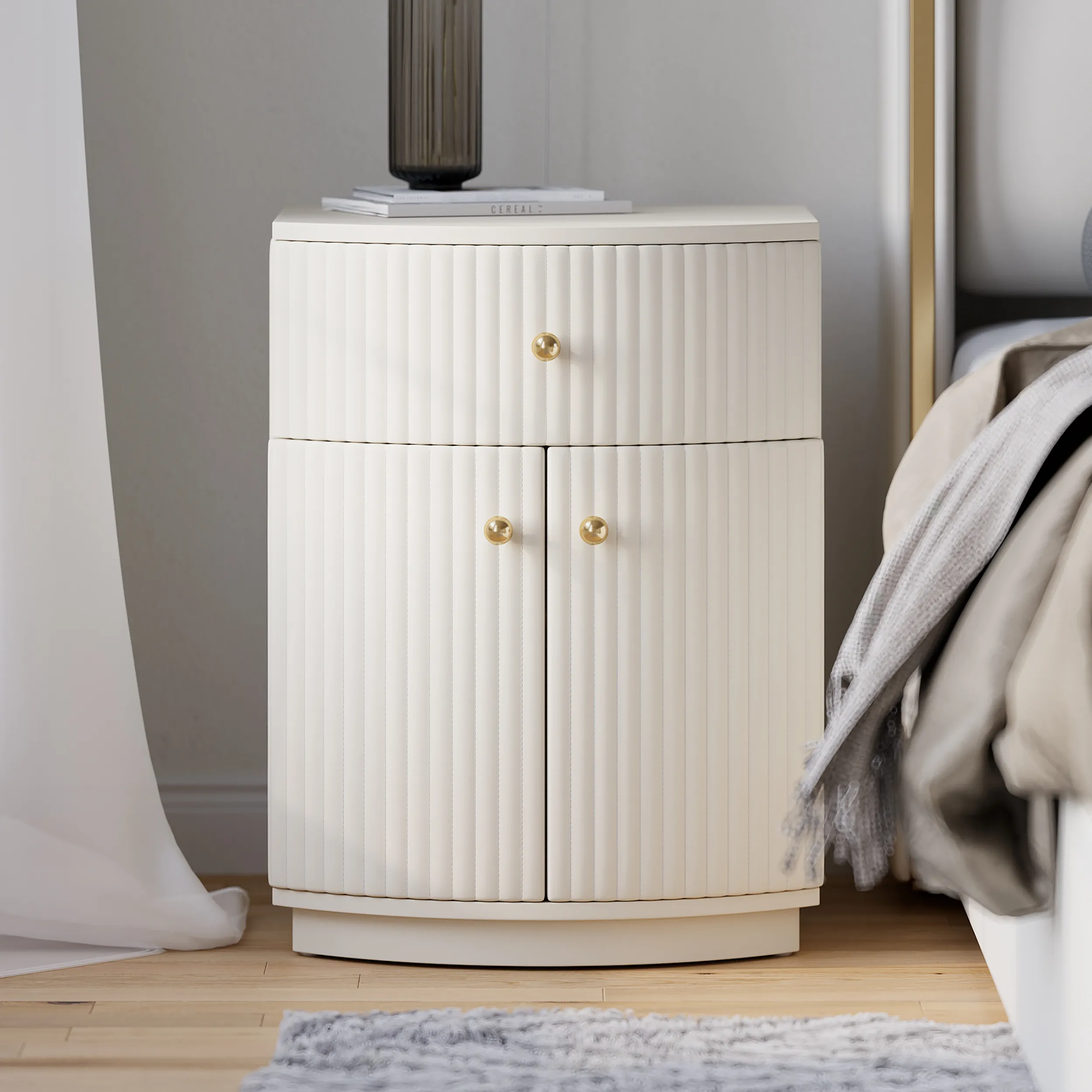 Barrel Nightstand with Storage Set of 2 - White, Faux Leather image