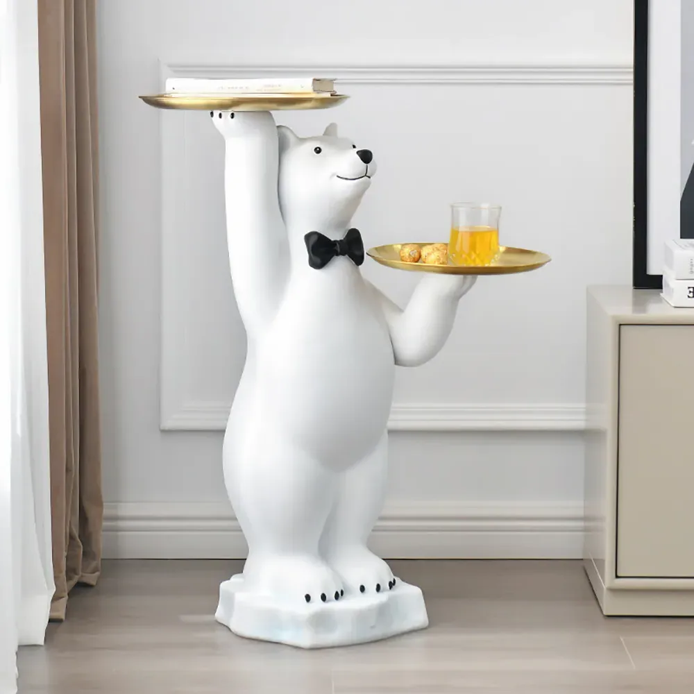 Bear Tray End Table with Tiered Storage - White