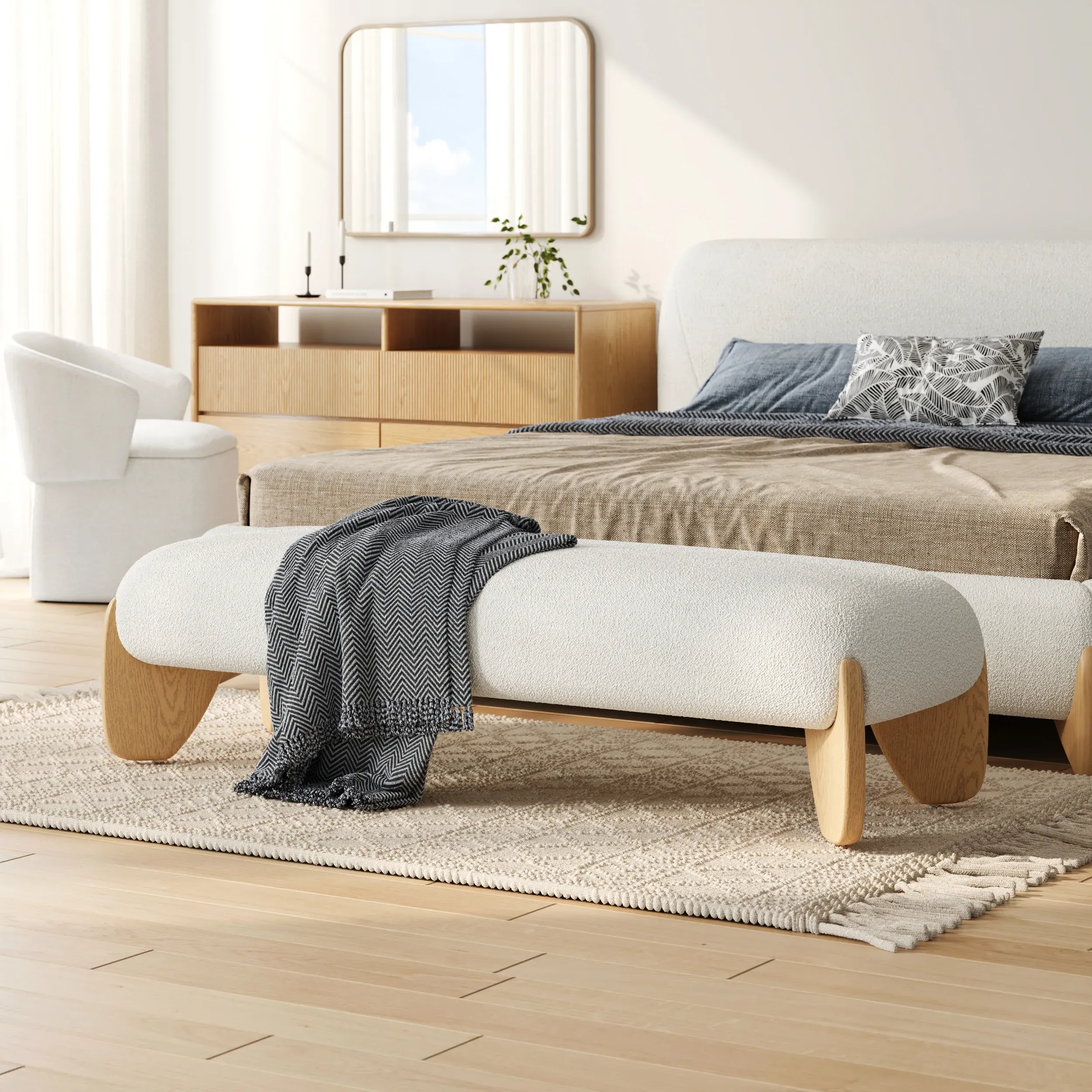 Bedroom Bench - White, Boucle