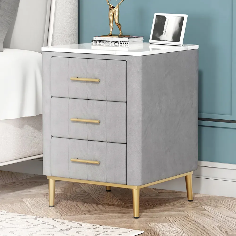 Bedside Table with 3 Drawers - Gray, Velvet
