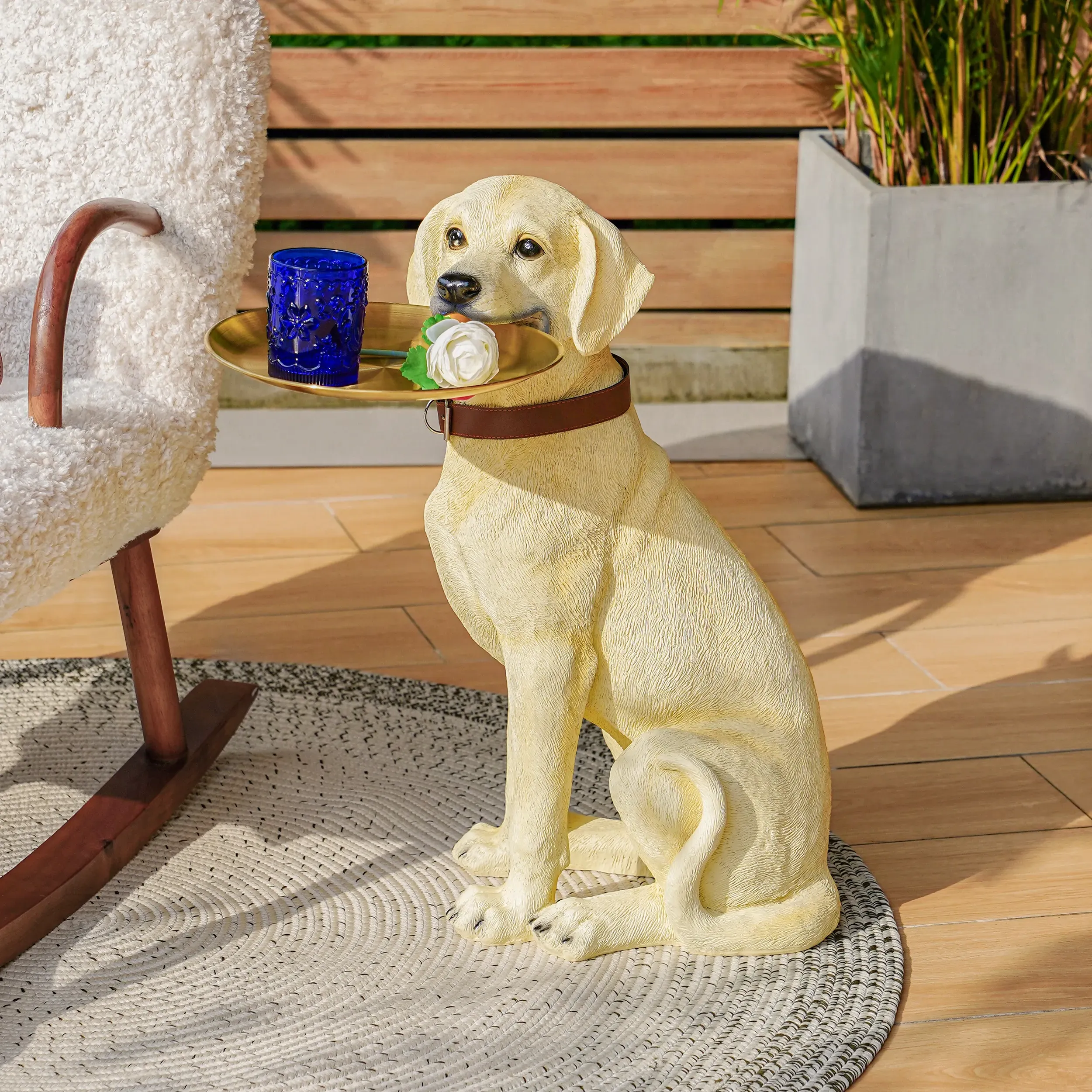 Beige Resin Dog End Table with Storage Tray - Beige, Resin