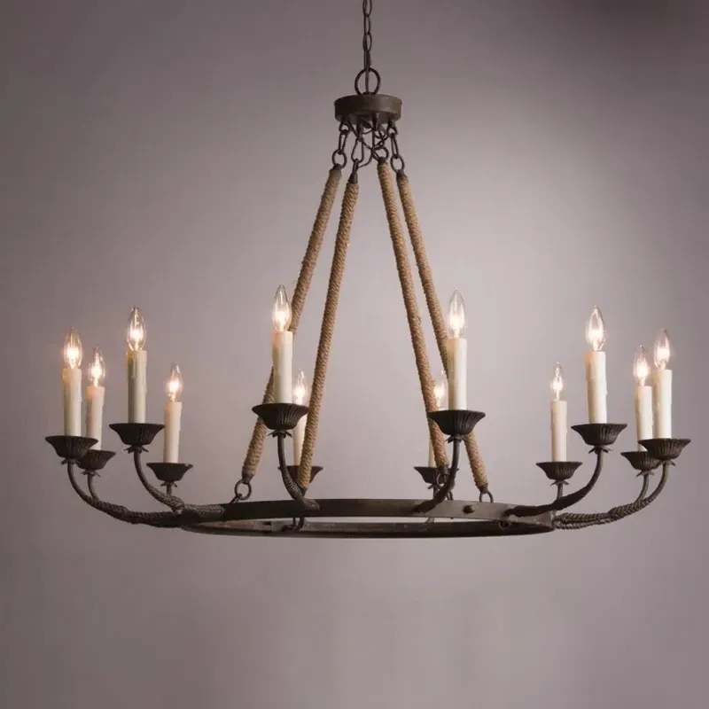Bever Vintage 12-Light Wagon Wheel Chandelier - Rust, Hemp Rope