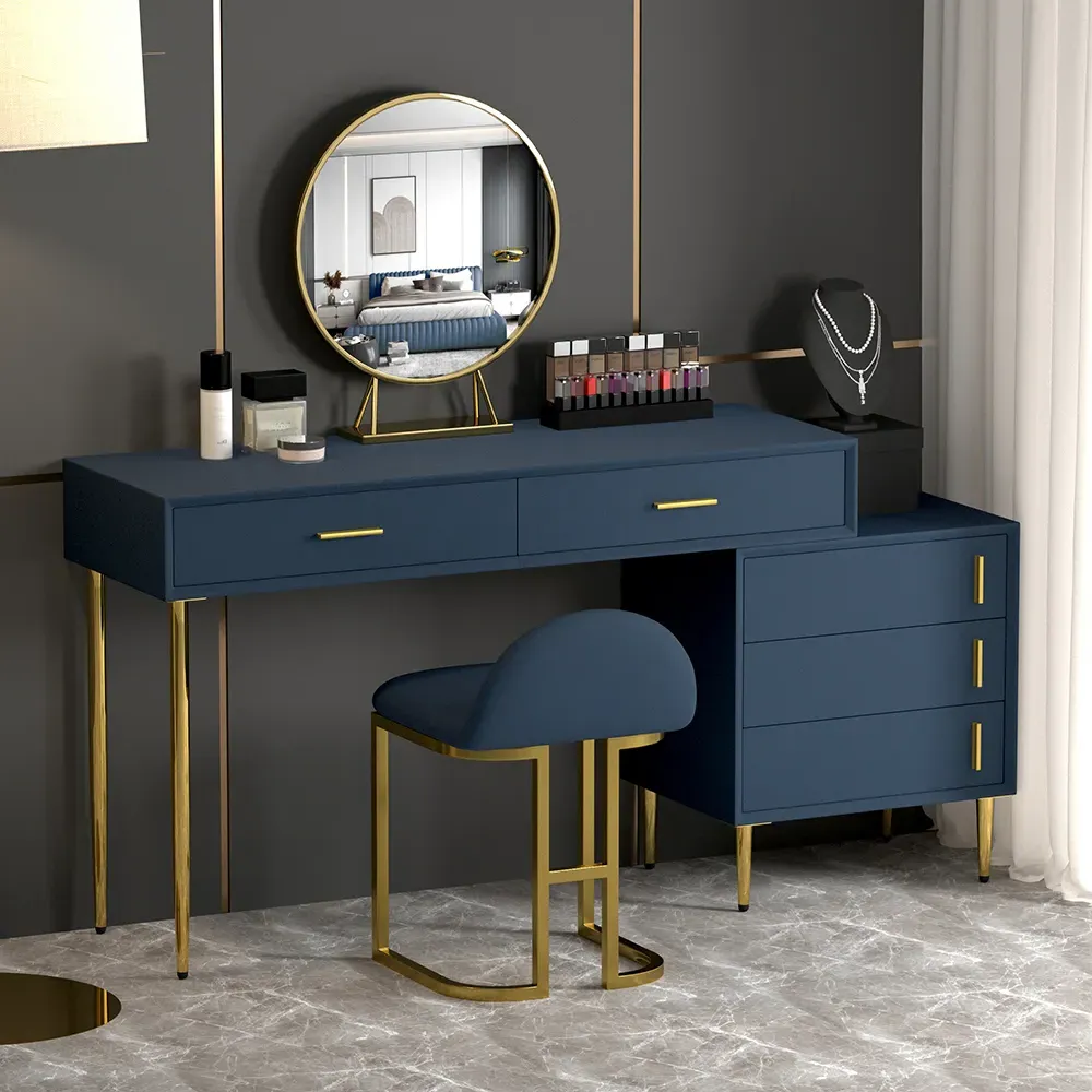 Blue Makeup Vanity Set with Stool and Mirror - Blue image