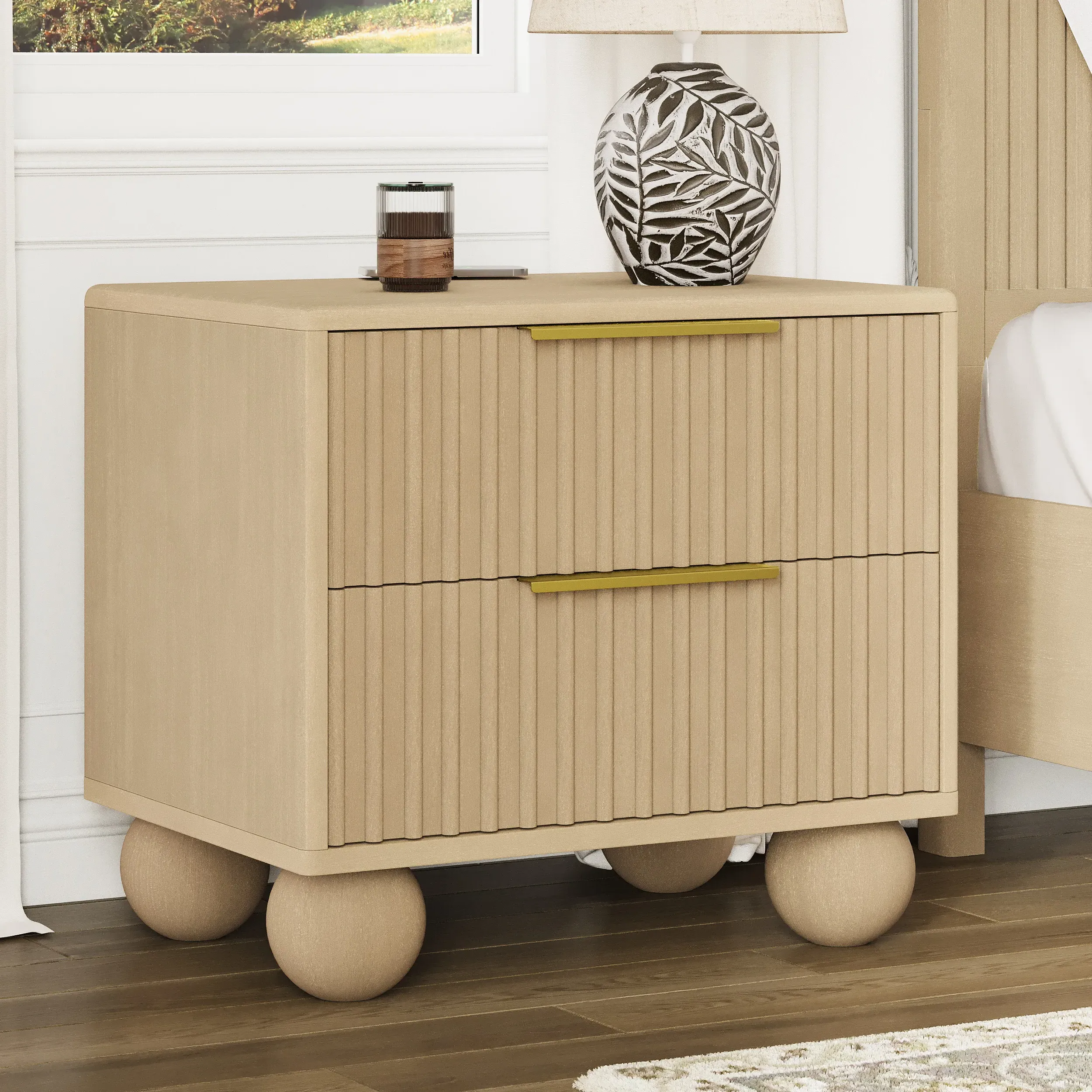 Bolla 25" Fluted 2-Drawer Nightstand with Charging Station - White image