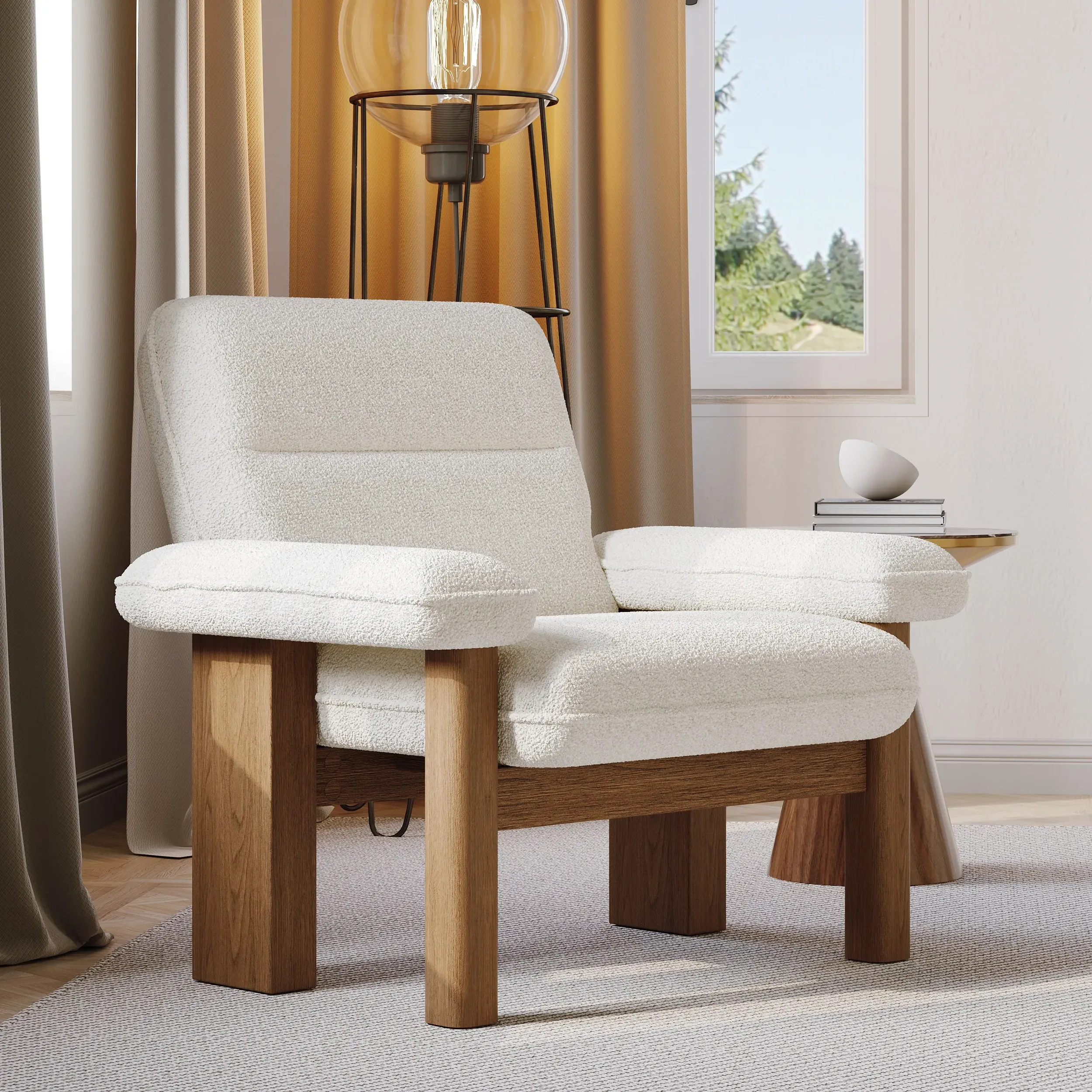 Boucle Accent Chair with Ottoman - White, Rubberwood