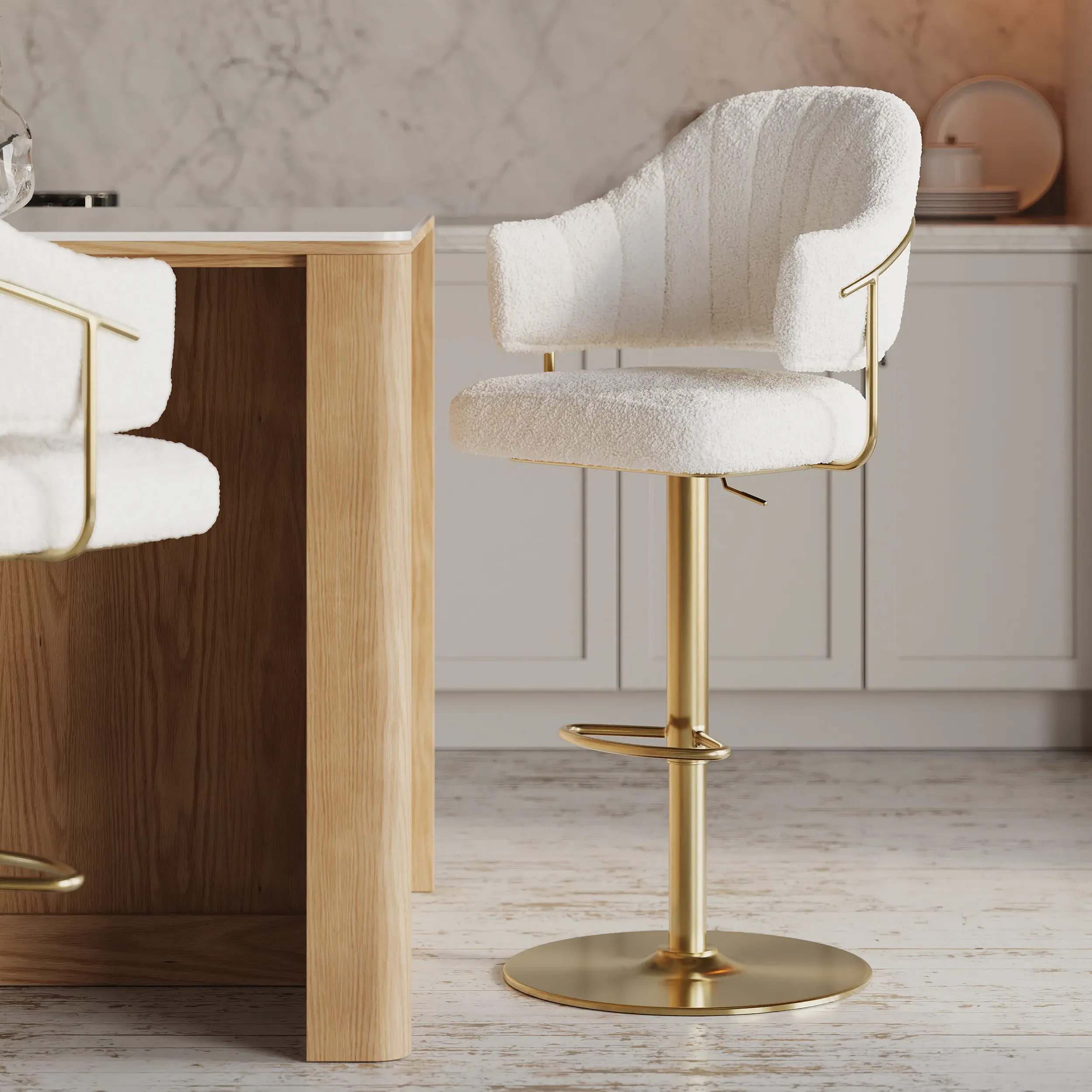 Boucle Adjustable Counter Stool with Swivel Base - White