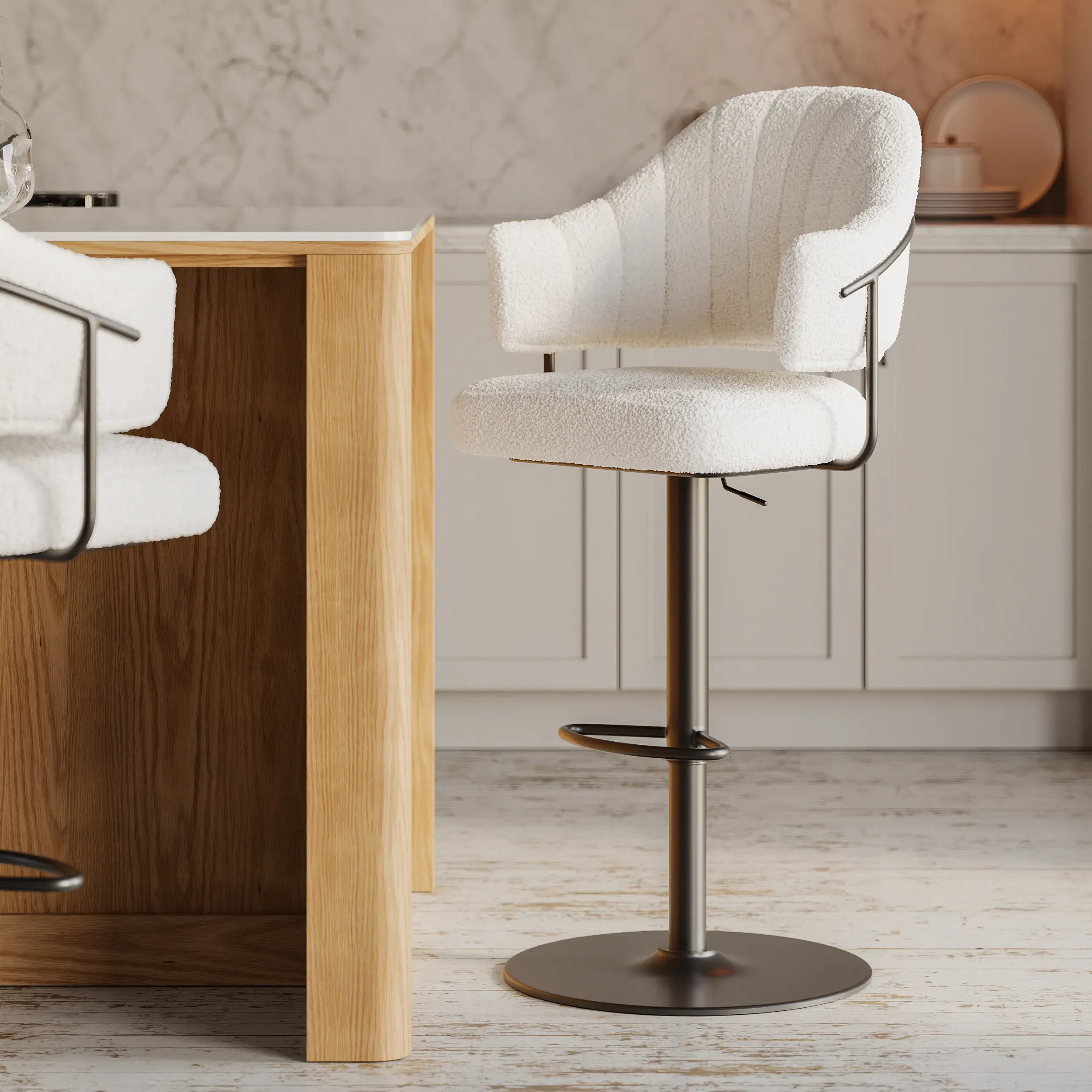 Boucle Adjustable Counter Stool with Swivel Base - White