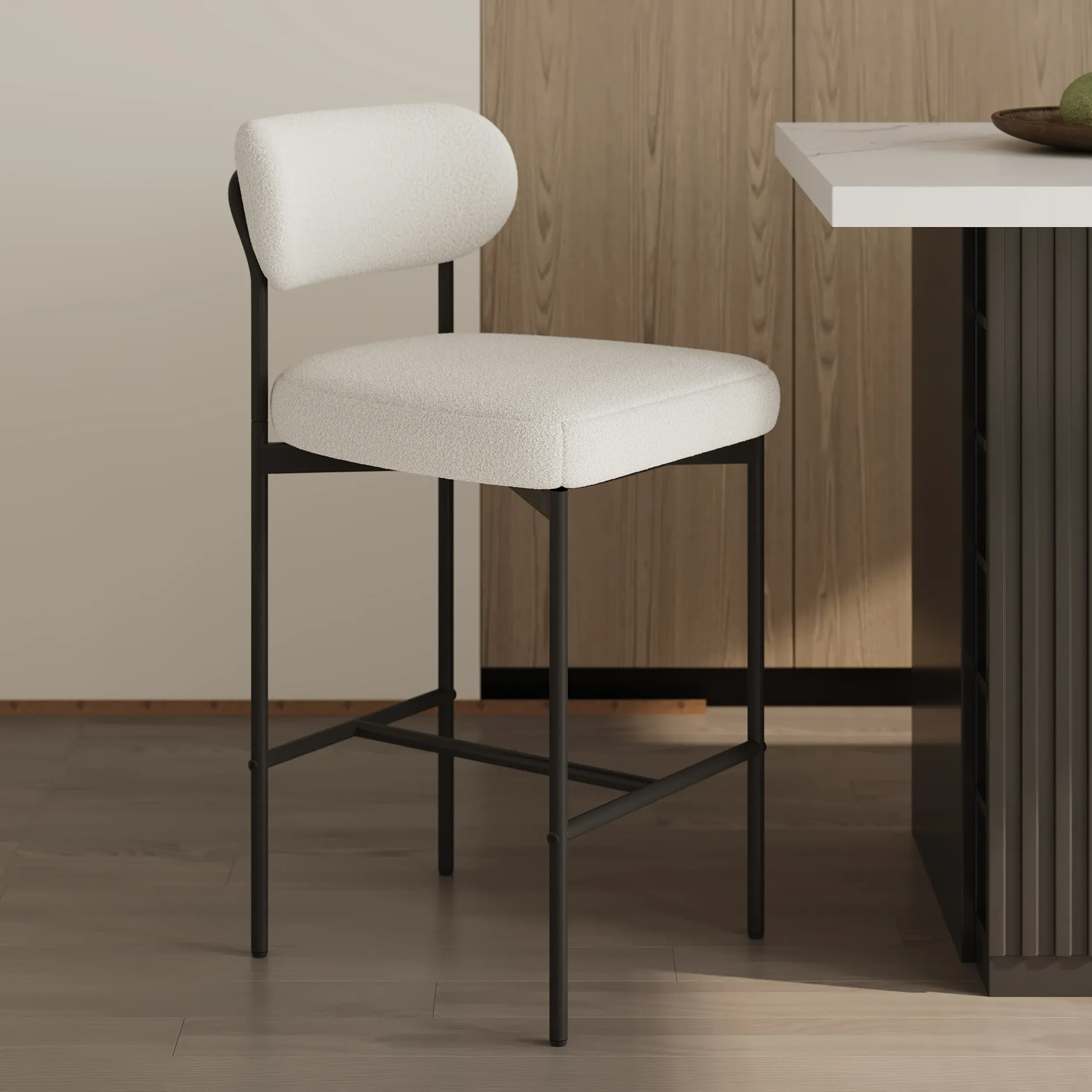 Boucle Counter Stool Set of 6 with Back & Footrest - White