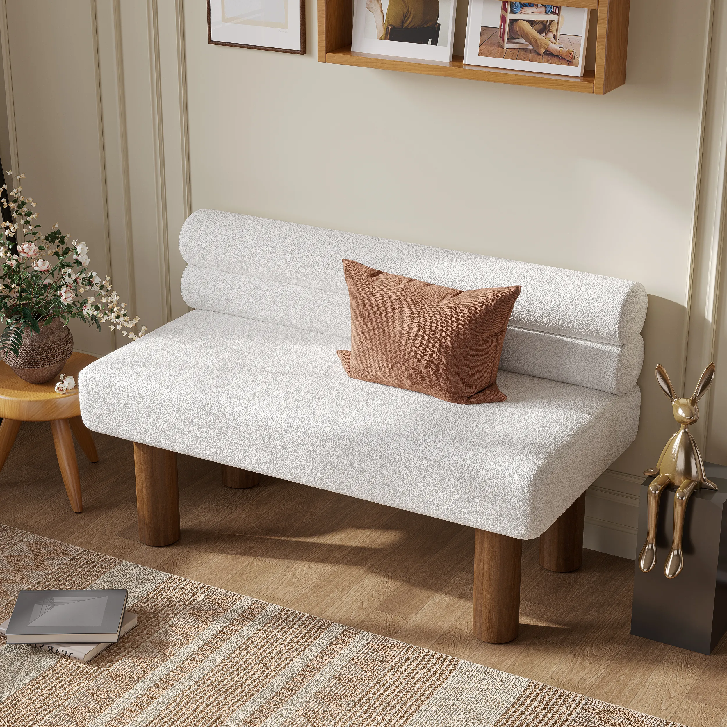 Boucle Entryway Bench with Backrest - White, Rubberwood image