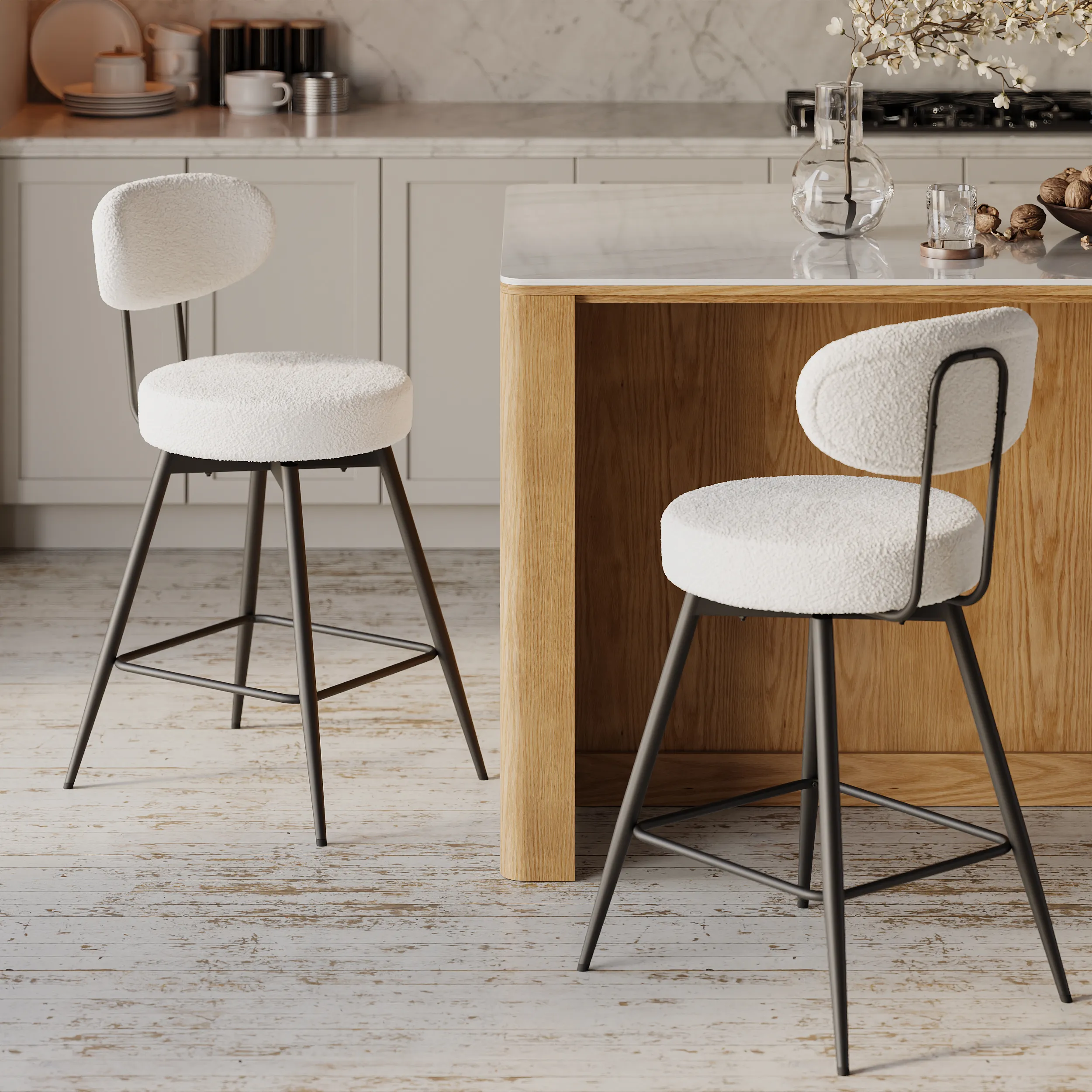 Boucle Swivel Counter Stool Set of 2 with Back & Footrest