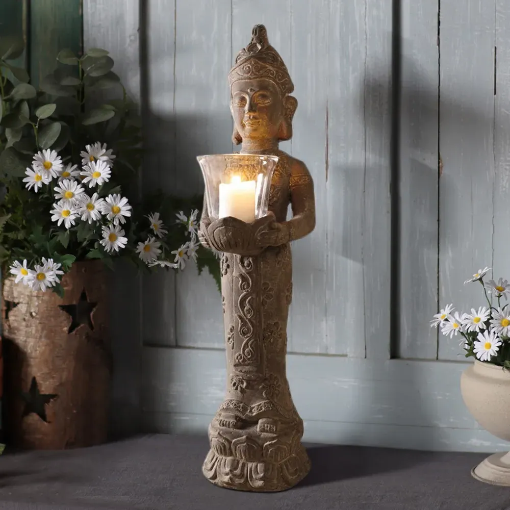 Buddha Statue with Candle Holder - Brown, Resin image