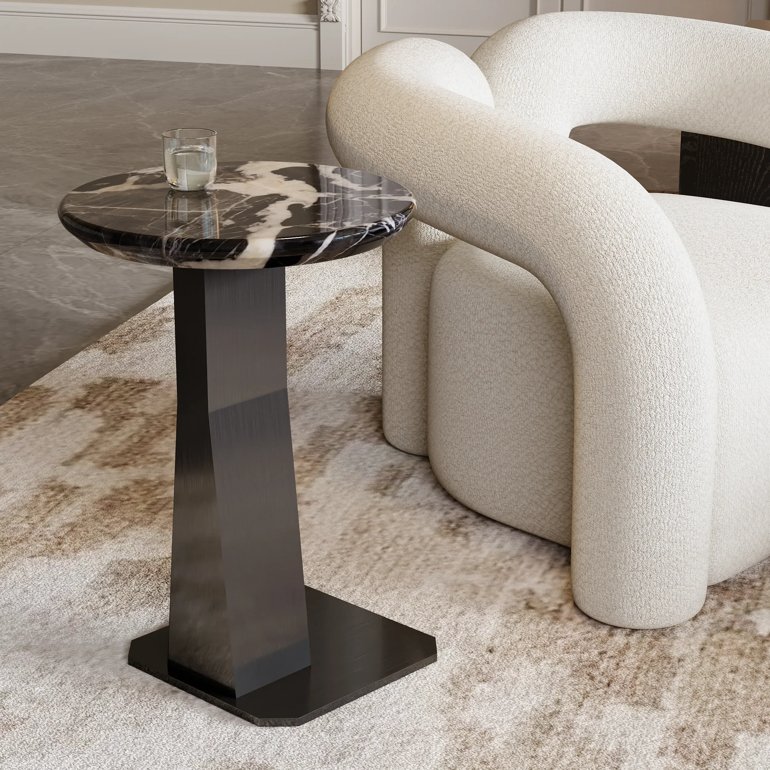 C-Shape Side Table with Marble Top - Black, Steel