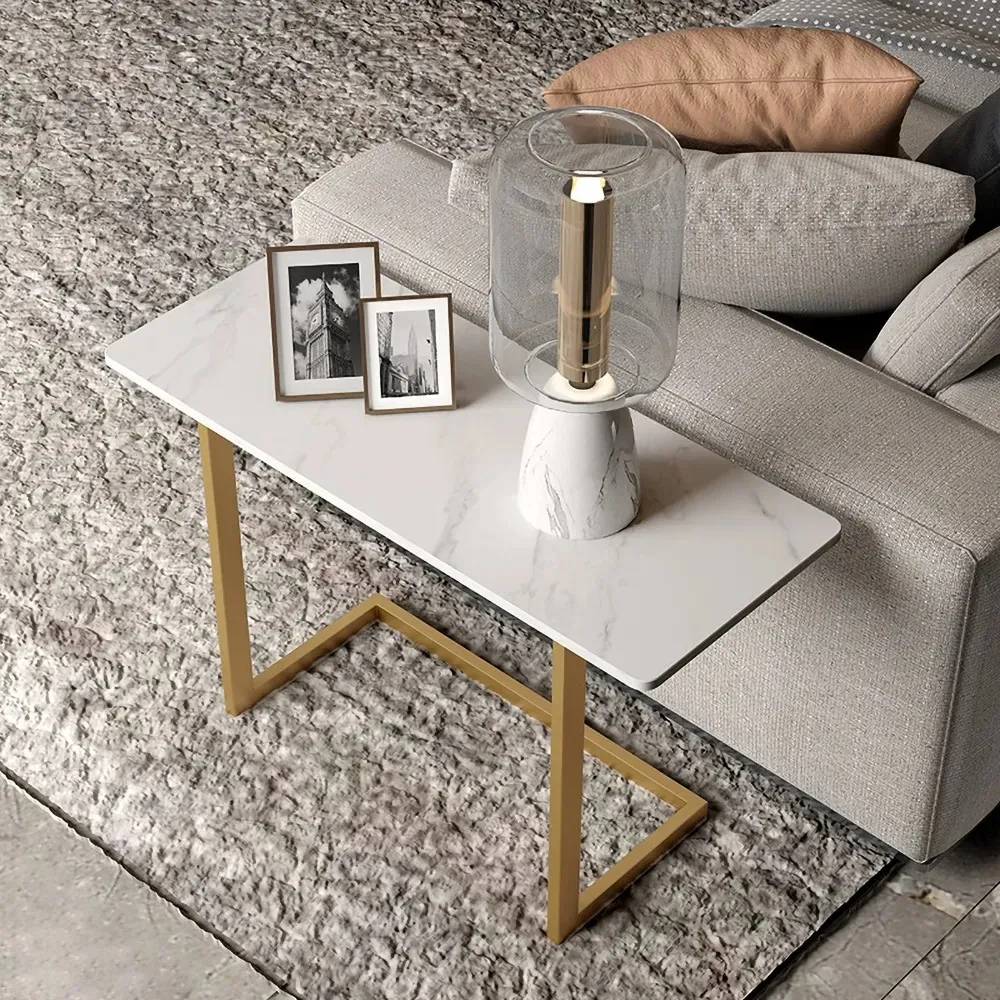 C-Shaped End Table with Sintered Stone Top - White