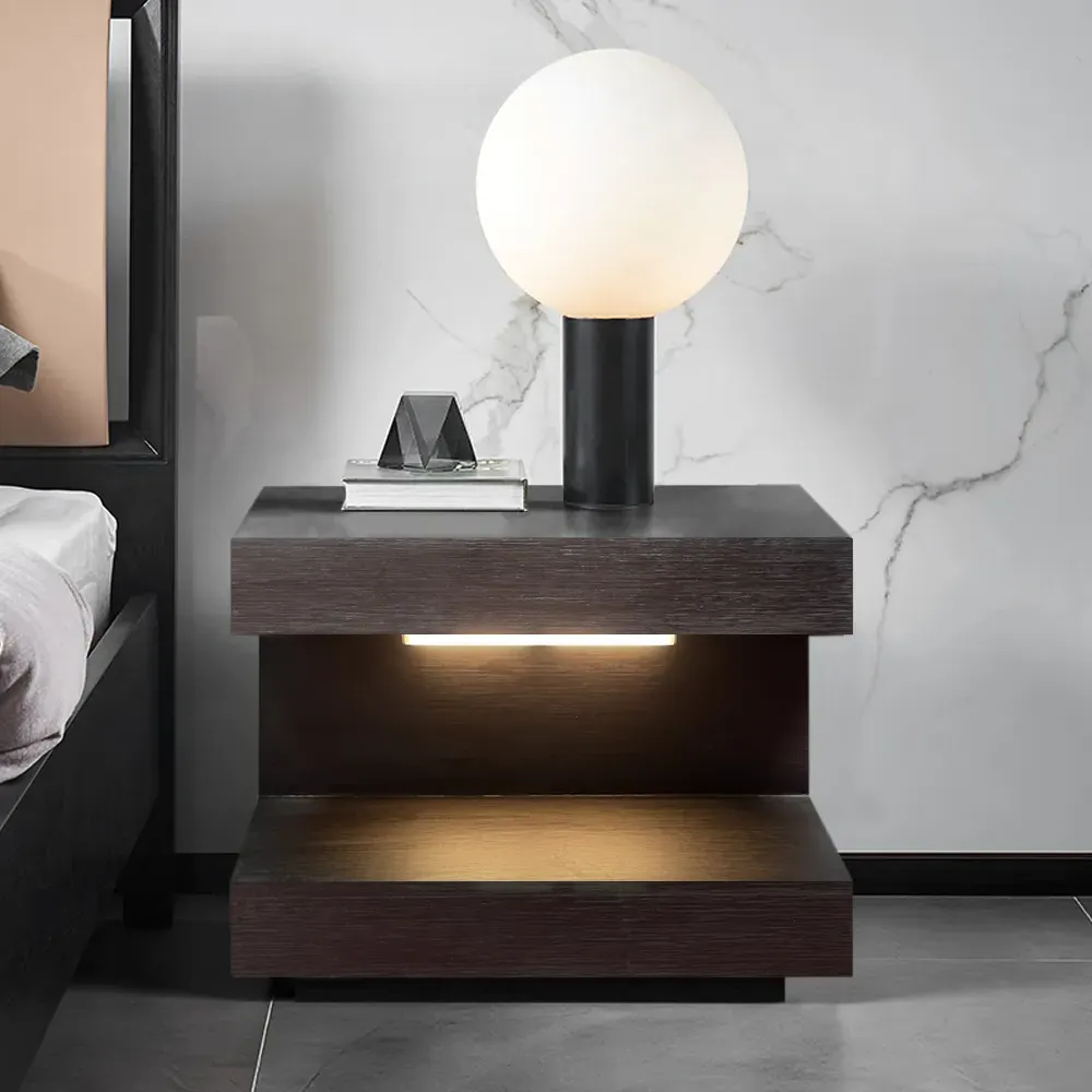 C-Shaped Nightstand with Drawer and Light - Rustic Wood image