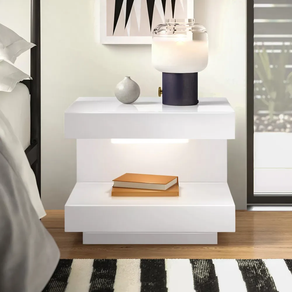 C-Shaped Nightstand with Drawer and Light - White image