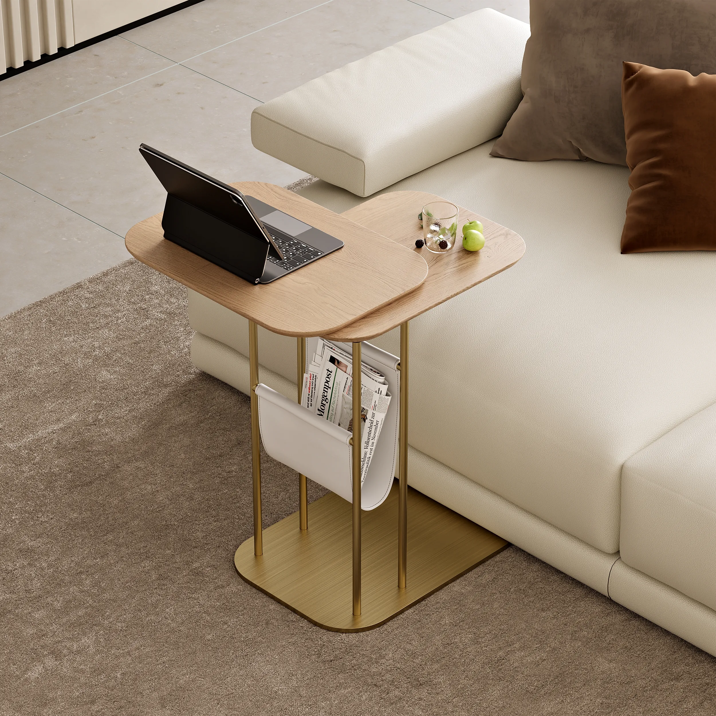 C-Shaped Side Table with Storage and Rotating Top - Natural