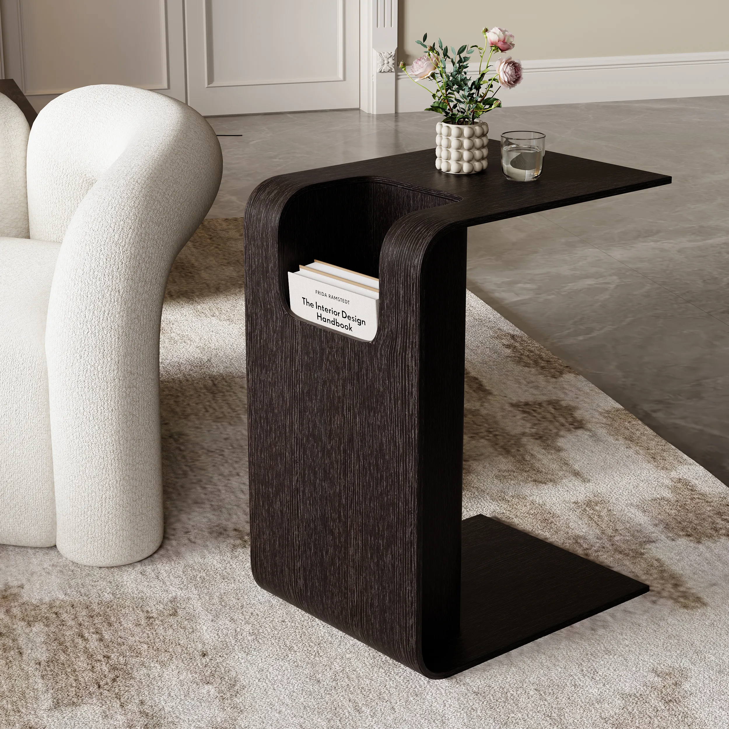 C-Style End Table with Magazine Rack - Black, Oak Wood