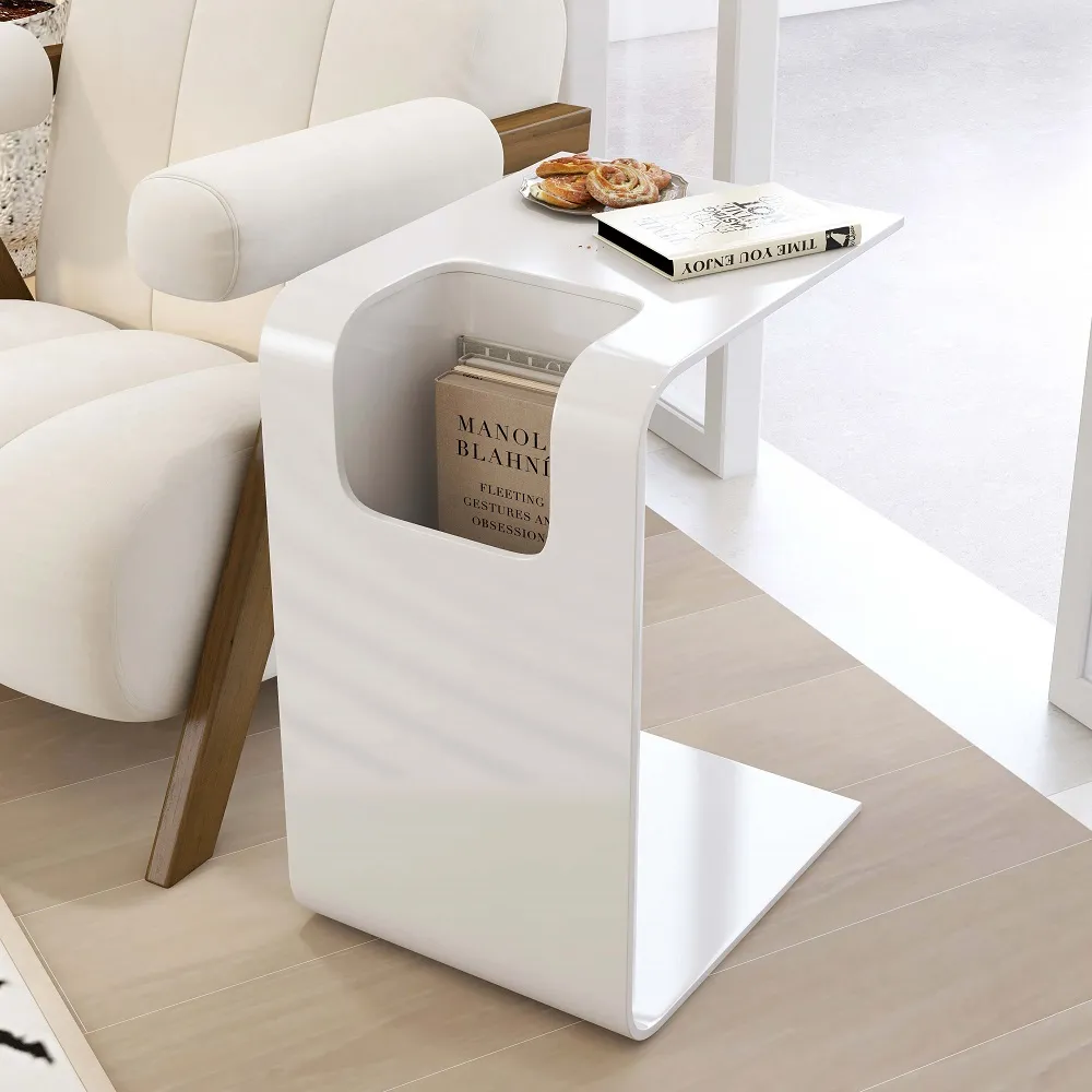 C-Style End Table with Magazine Rack - White, Oak Wood