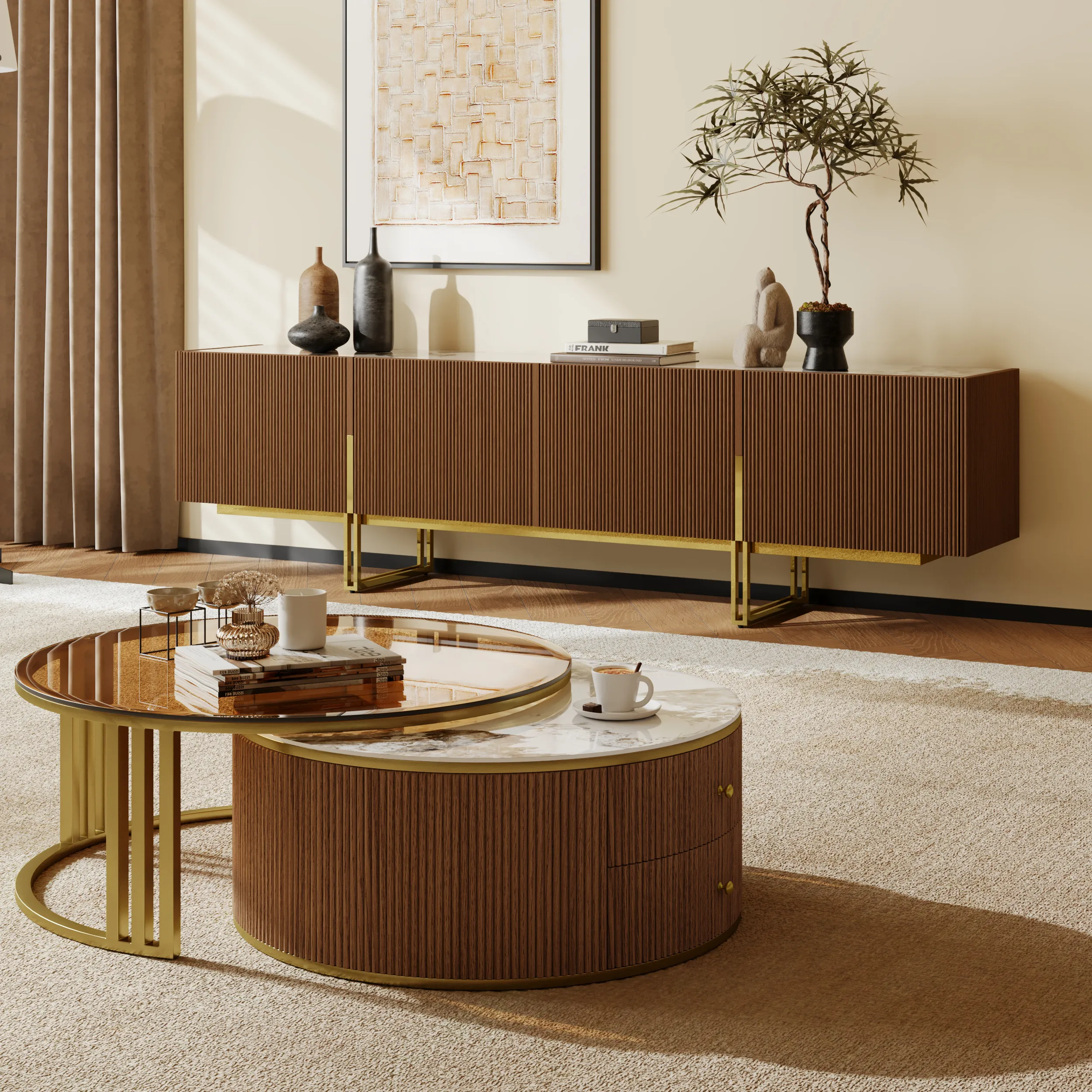 Cabinet Set Sintered Stone TV Stand & Round Glass Coffee Table - Walnut image