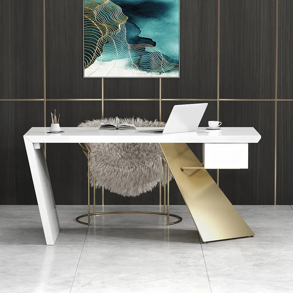 Cabstract Office Desk with Drawer - White, Gold image