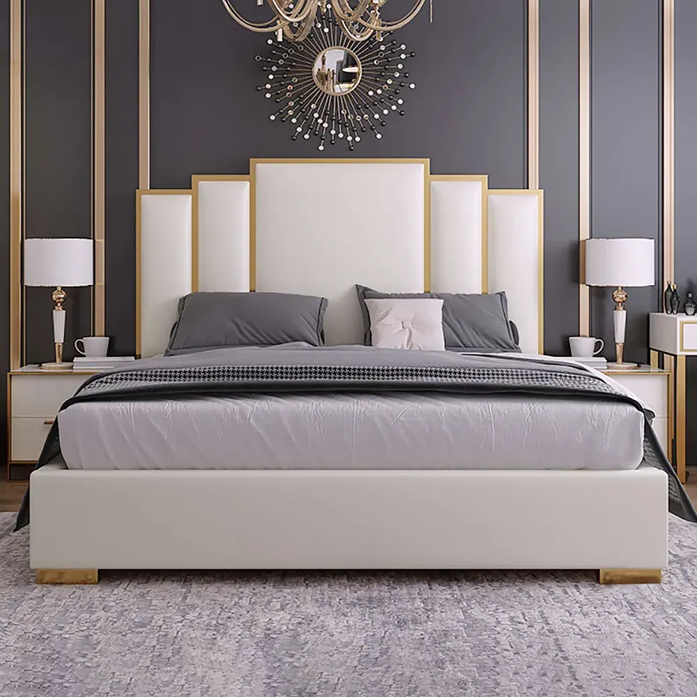 Cal King Platform Bed with Geometric Headboard - White, Faux Leather image