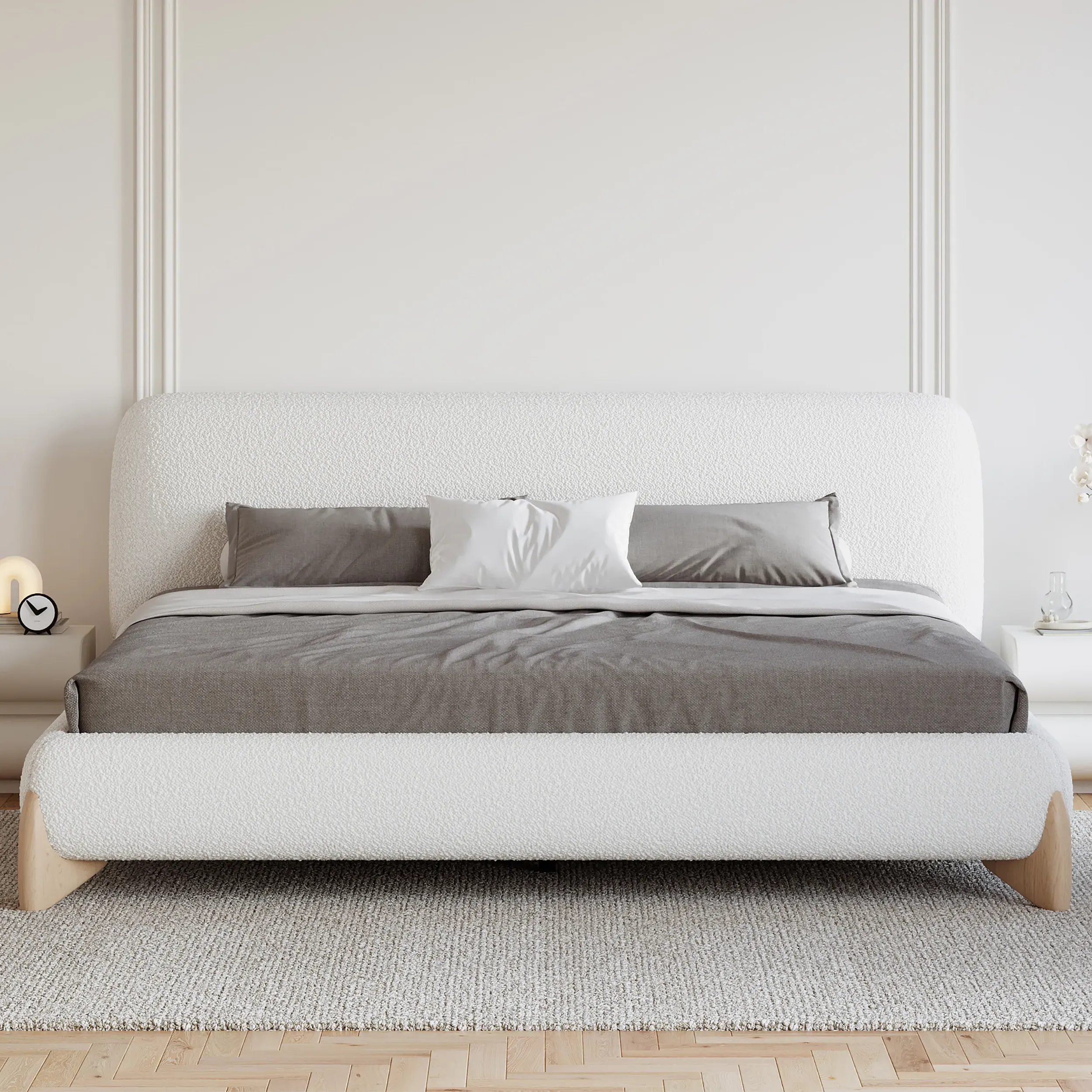 Cal King Size Platform Bed Frame with Headboard - White, Boucle