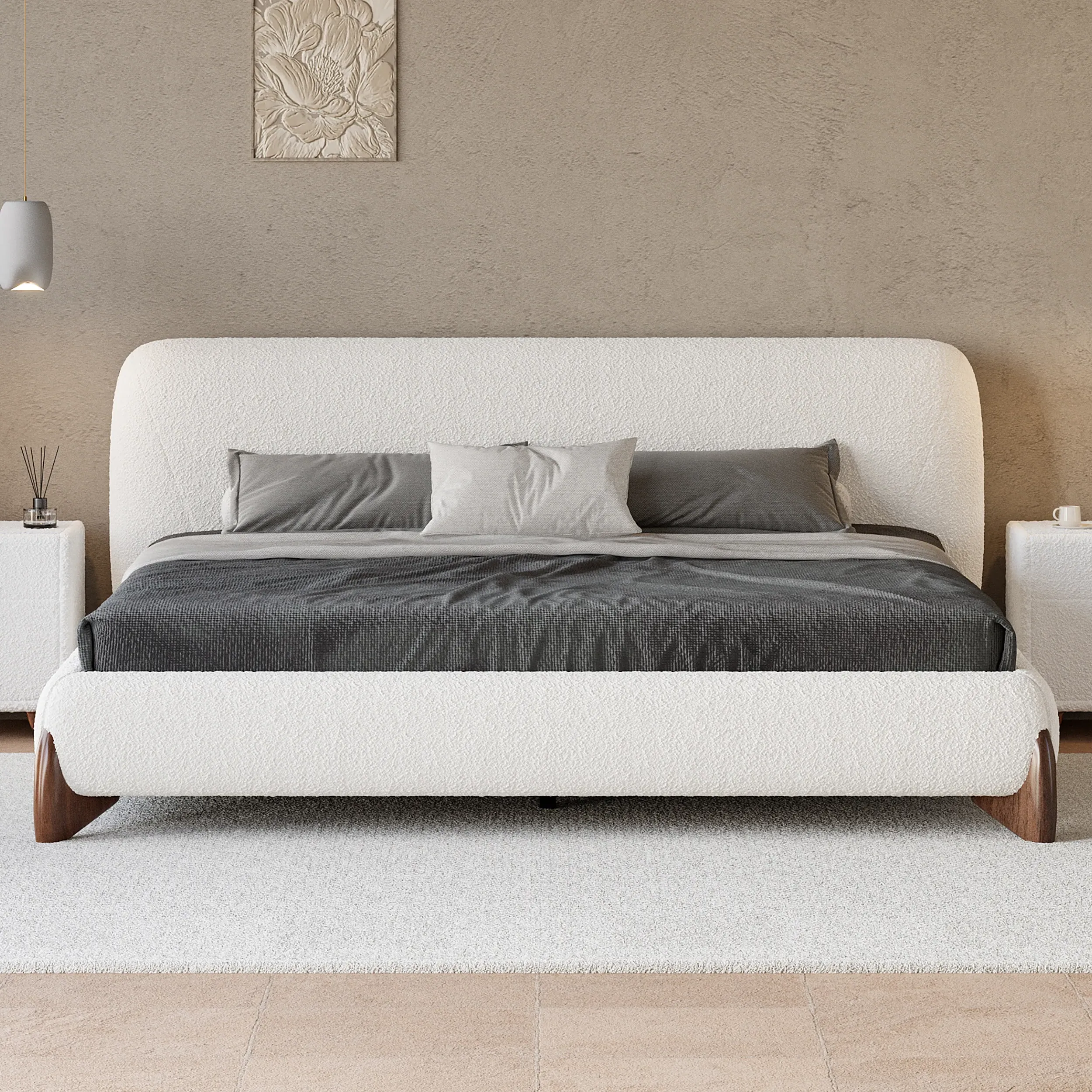 Cal King Size Platform Bed Frame with Headboard - White, Boucle