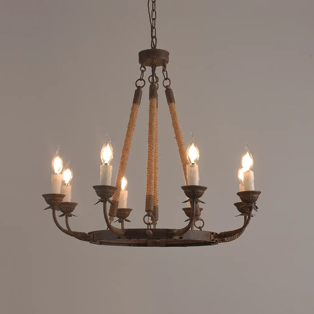 Candlely 8-Light Round Candelabra Chandelier - Rust, Hemp Rope image