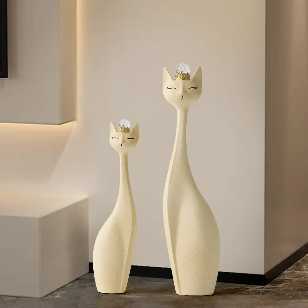Cat Figurine Set with Crystal Crowns - Beige, Resin