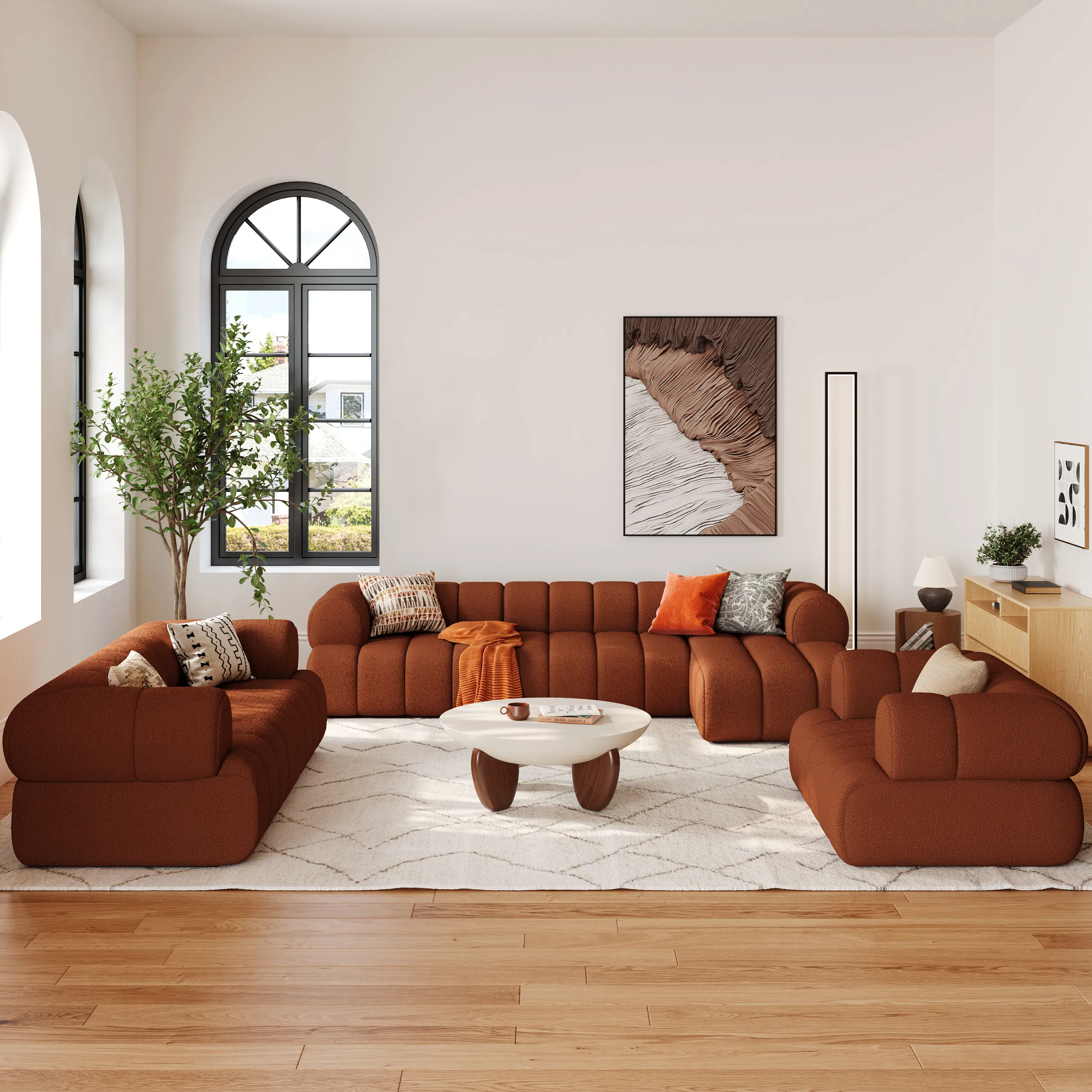 Channeled L-Shaped 3-Piece Sectional with Chaise - Rust, Boucle