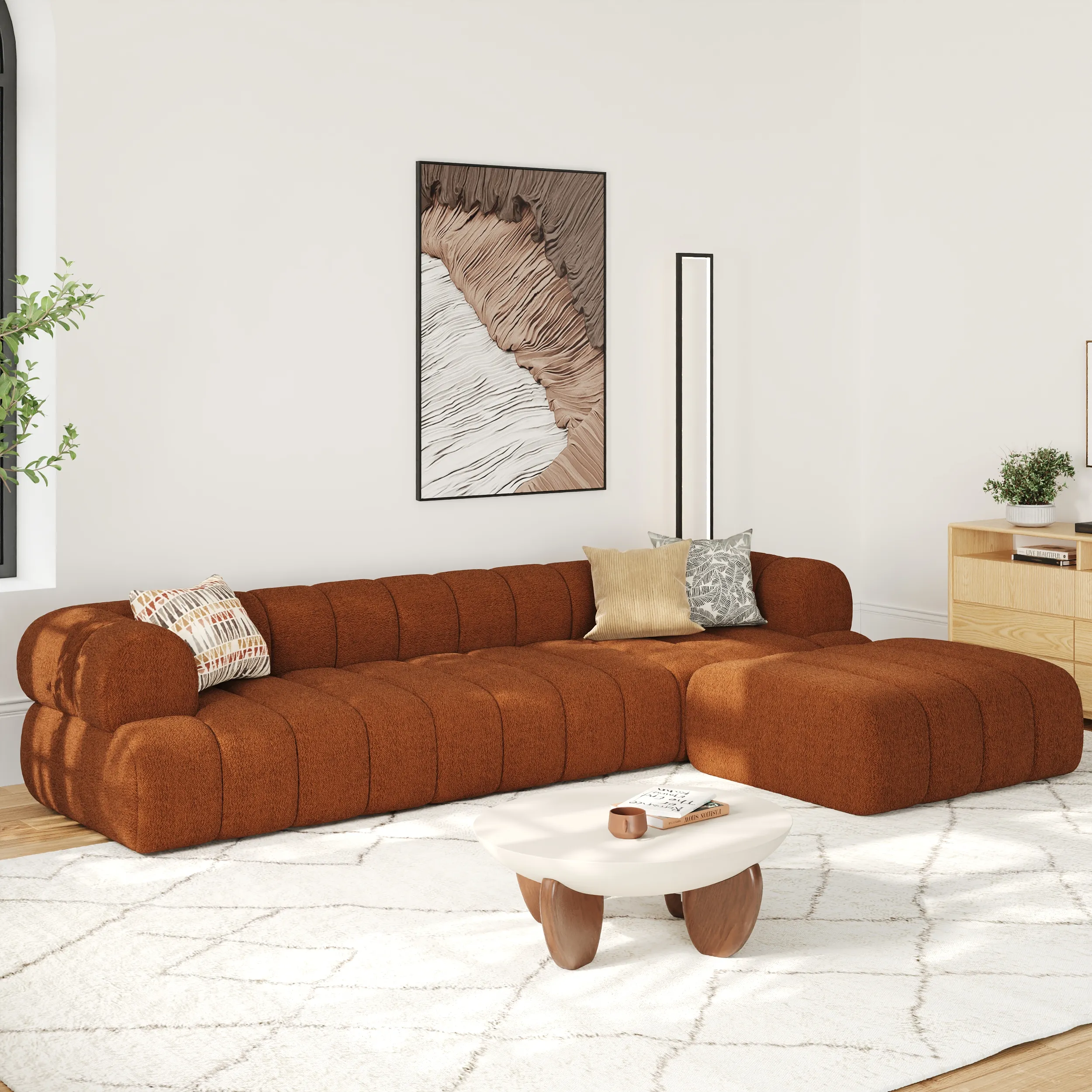 Channeled L-Shaped Sectional Sofa with Ottoman - Boucle