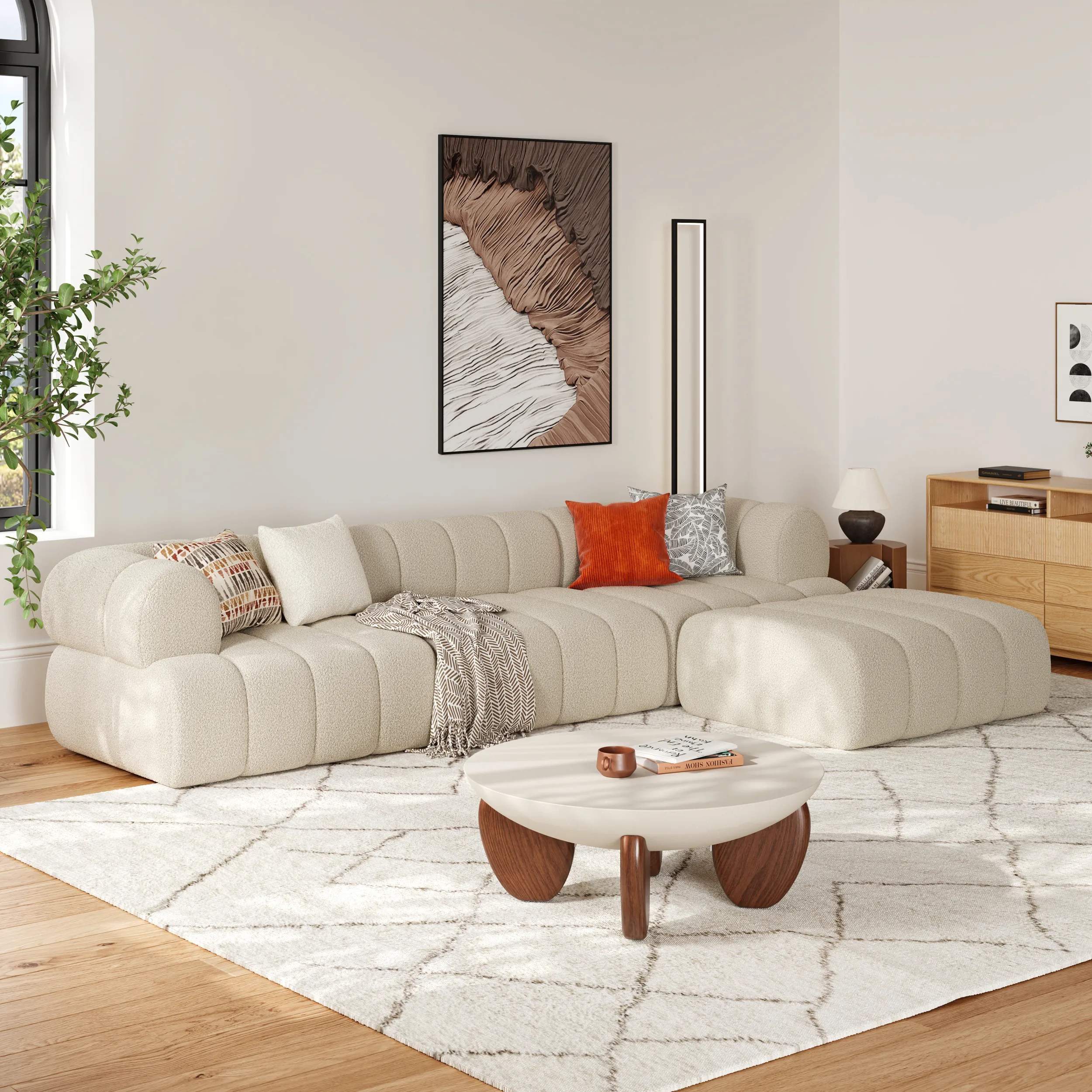 Channeled L-Shaped Sectional Sofa with Ottoman - Chenille