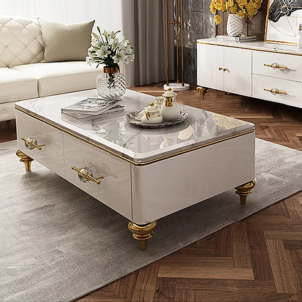 Chift 51" Coffee Table with Storage - White Marble, Gold Steel image