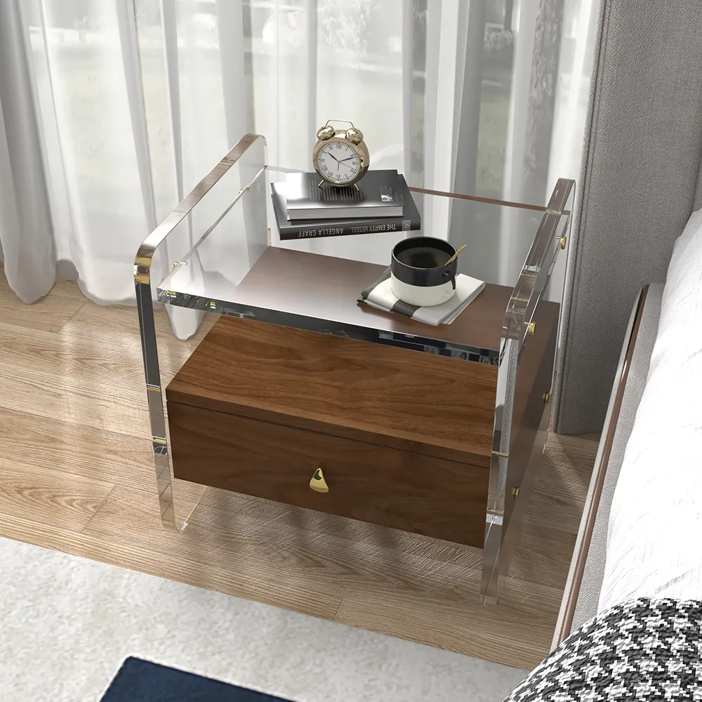 Clear Acrylic Nightstand with Storage - Walnut image