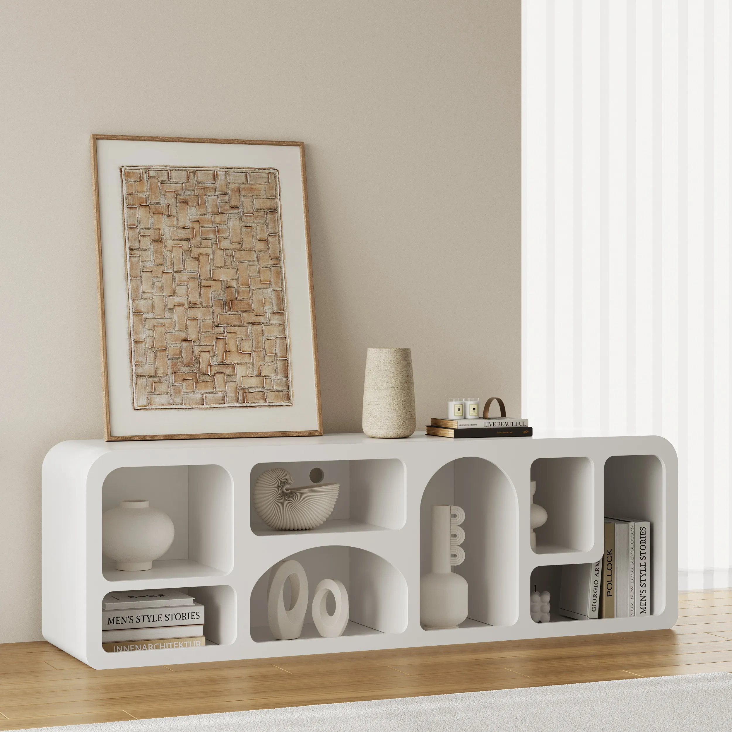 Codiys Art Deco Bookshelf TV Stand with Shelves - White