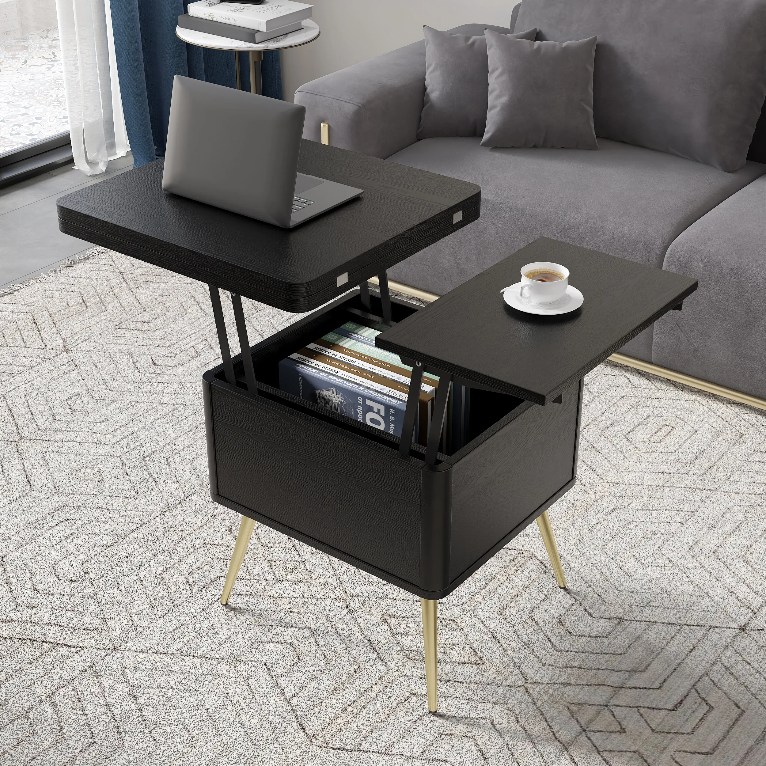 Coffee Table Extendable with Storage & Lift Top - Black