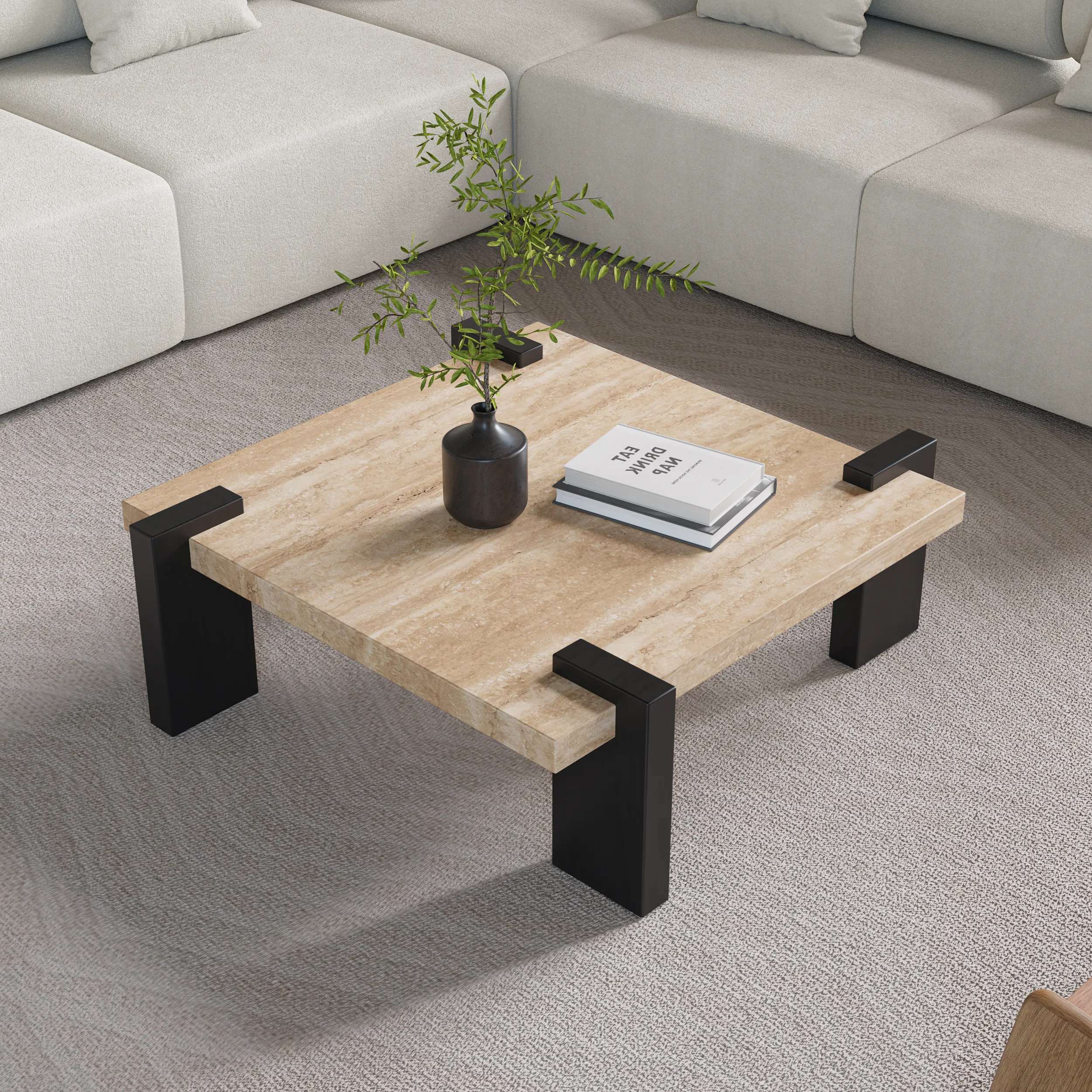 Coffee Table with Travertine Veneer Top - Beige, Wood