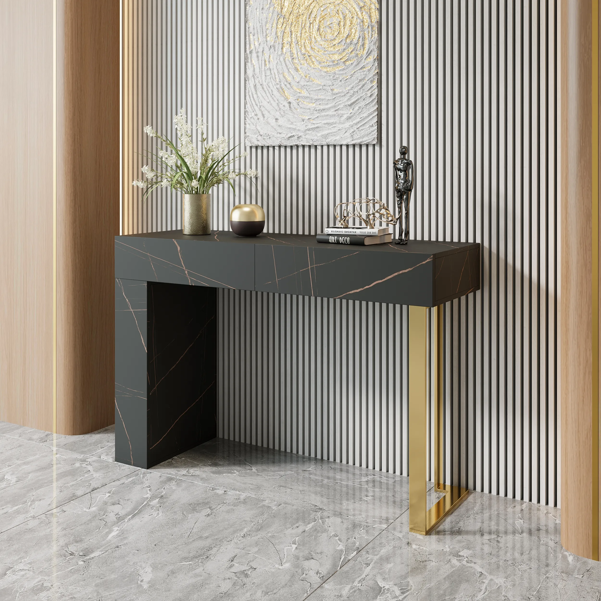 Console Table with 2 Drawers - Black, MDF