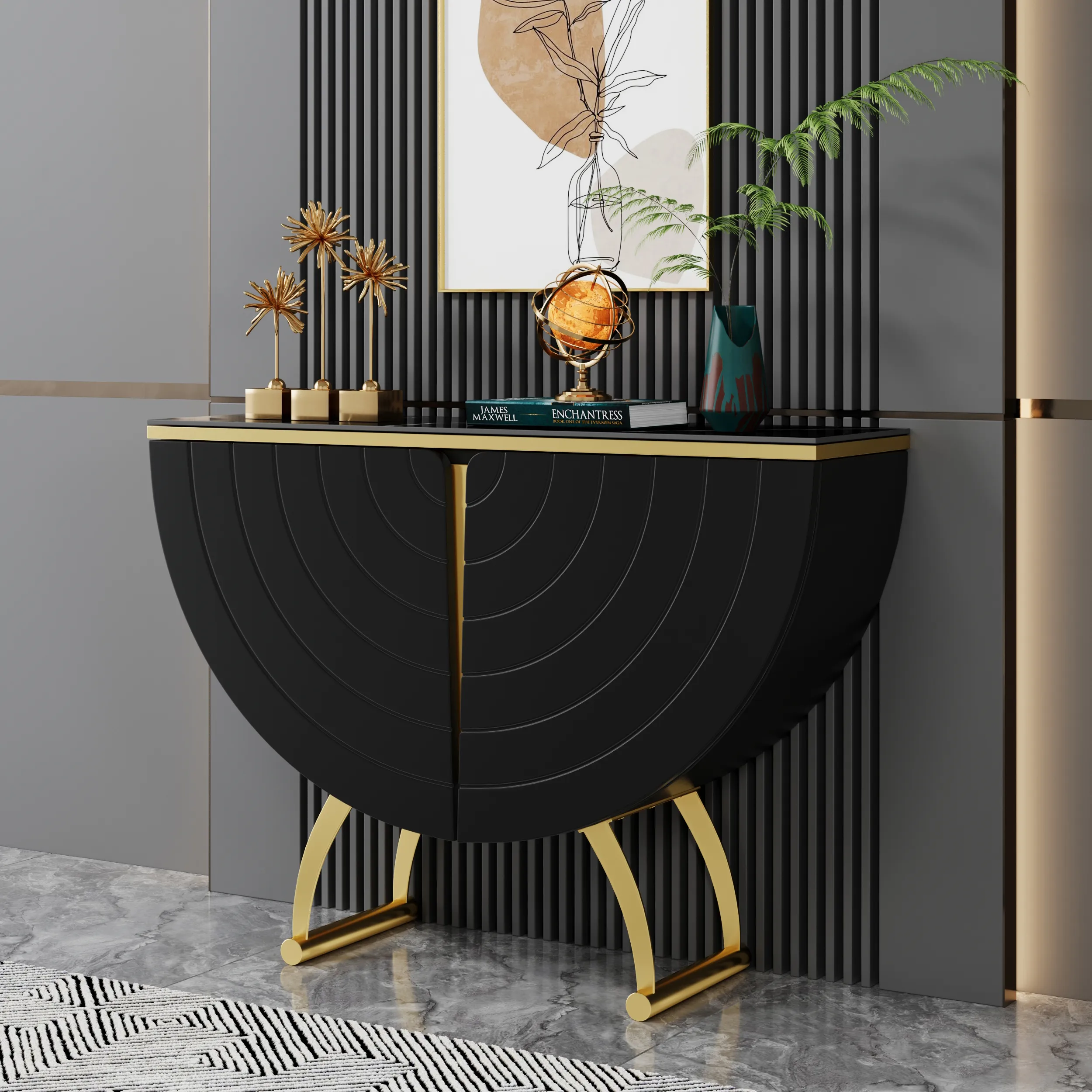 Console Table with Doors - Gold, Sintered Stone