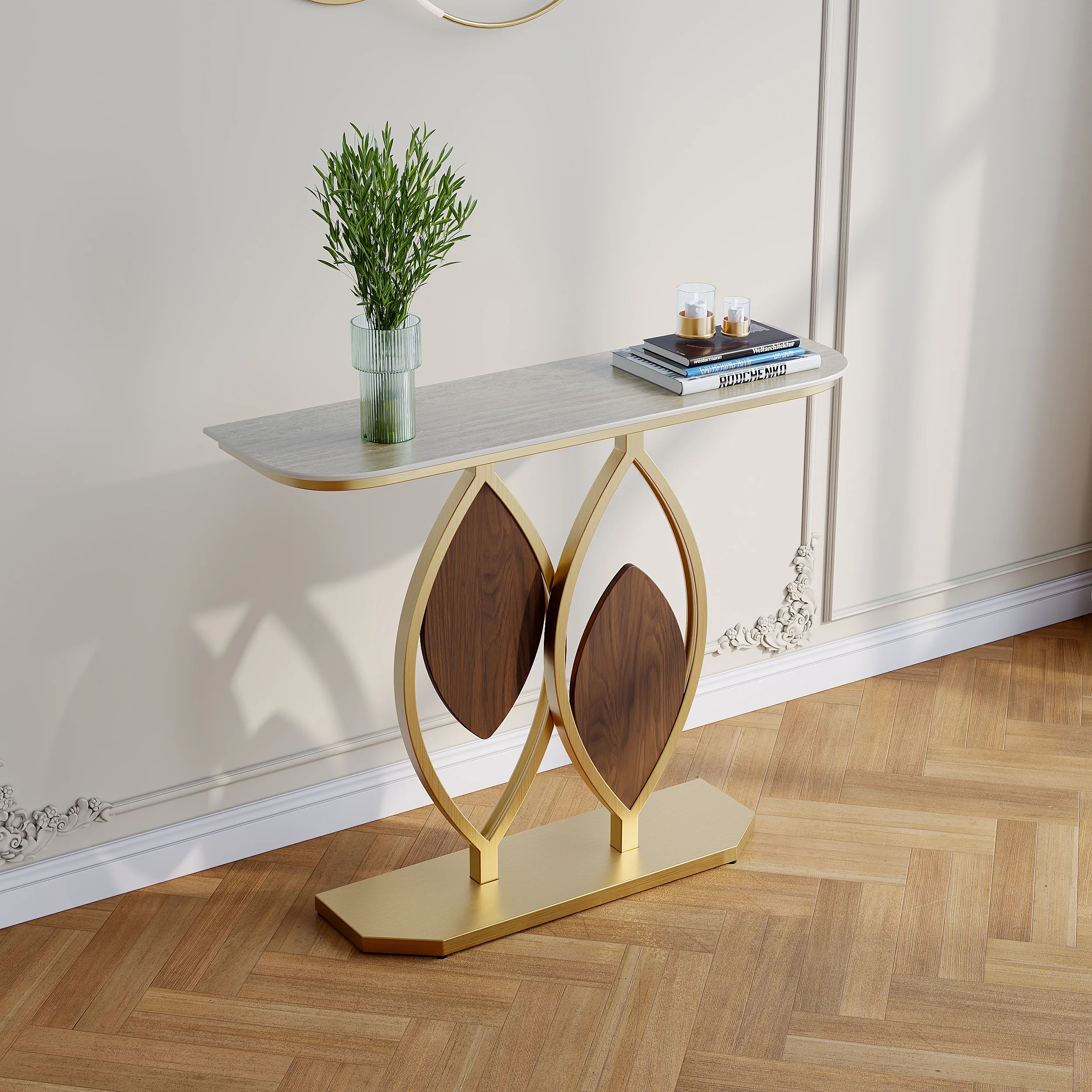 Console Table with Matte Travertine Top - Rose Gold, Walnut